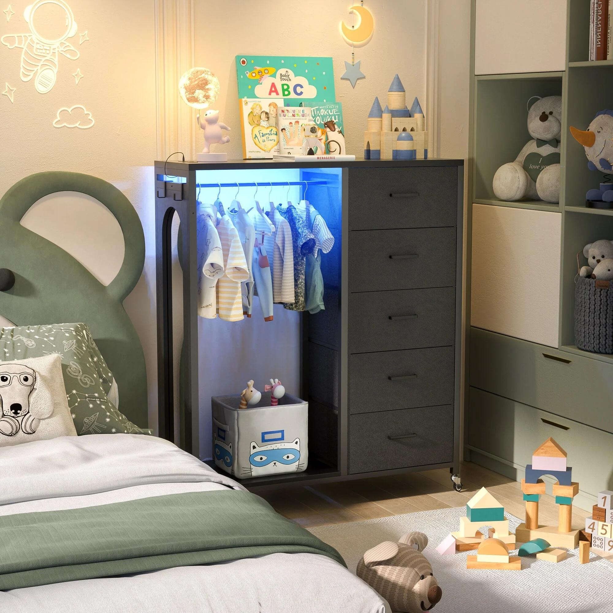 Kid's Closet Organizer with Fabric Drawers and Mirror, Rolling Dresser and Chest with Charge Station