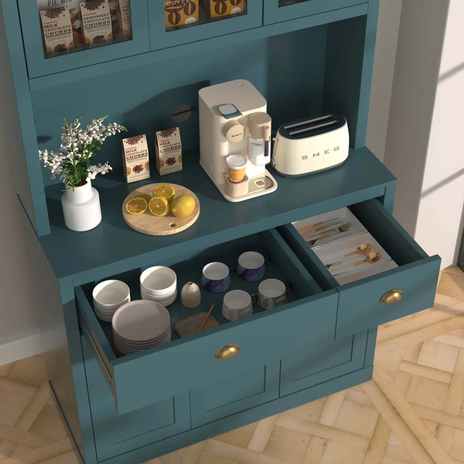 VEIKOUS Kitchen Pantry Storage Cabinet Cupboard with Framed Glass Door and Drawer