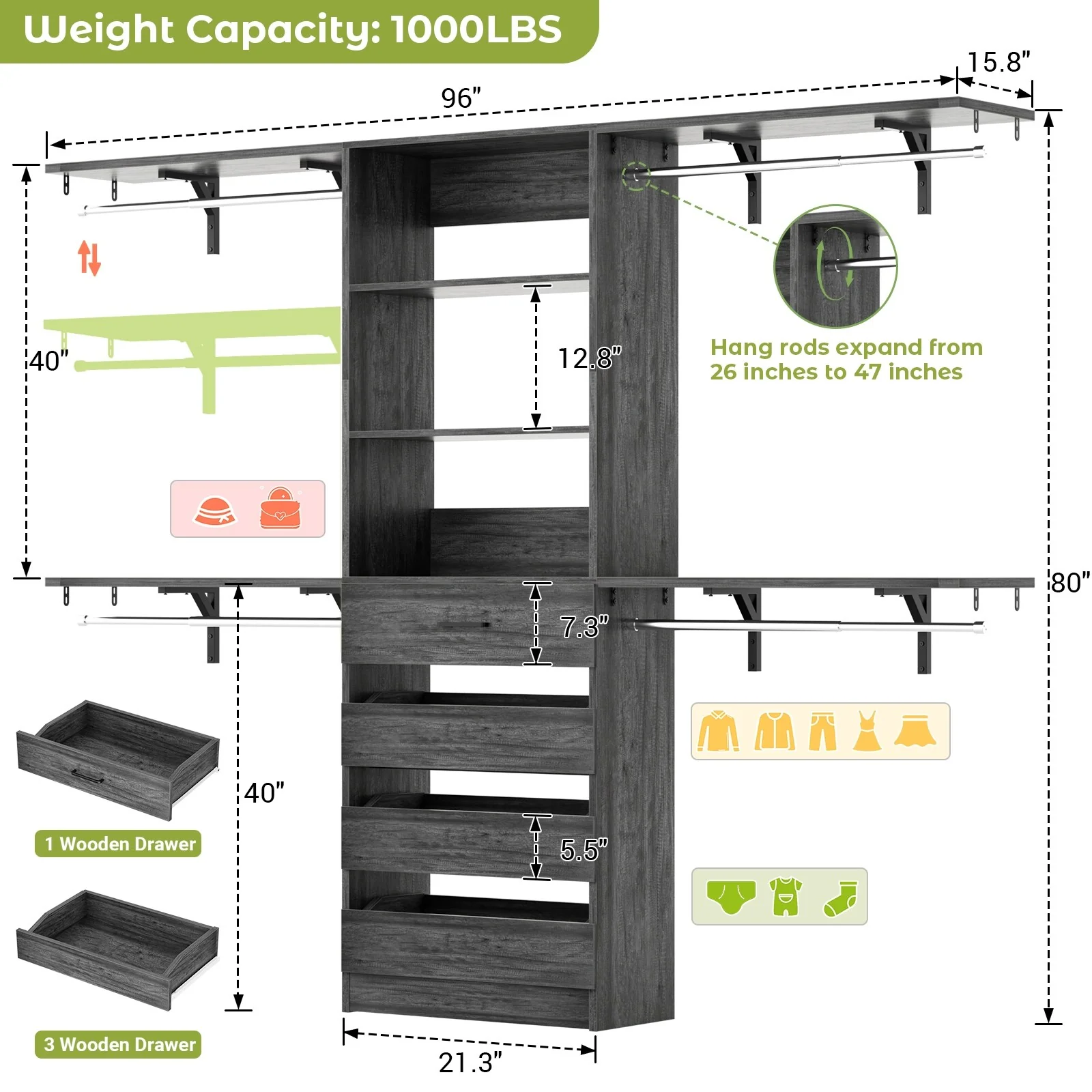 Rackcog 96'' Closet System with 4 Drawers and 4 Hanging Rods, 8FT Wood Closet Organizer for Walk-in Closet