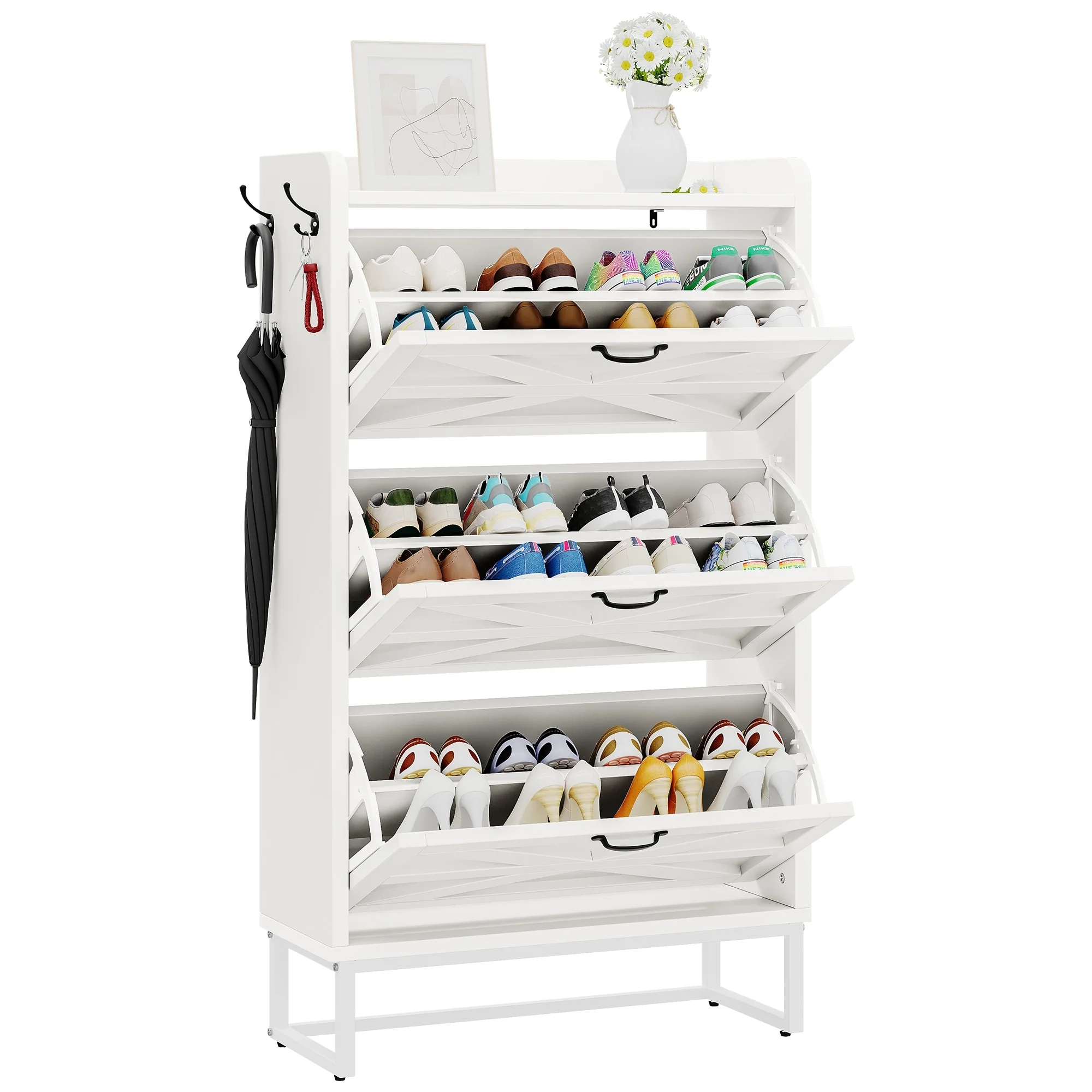 Moasis 24 Pairs Farmhouse Shoe Storage Cabinet 4 Flip Drawers Shoe Organizer