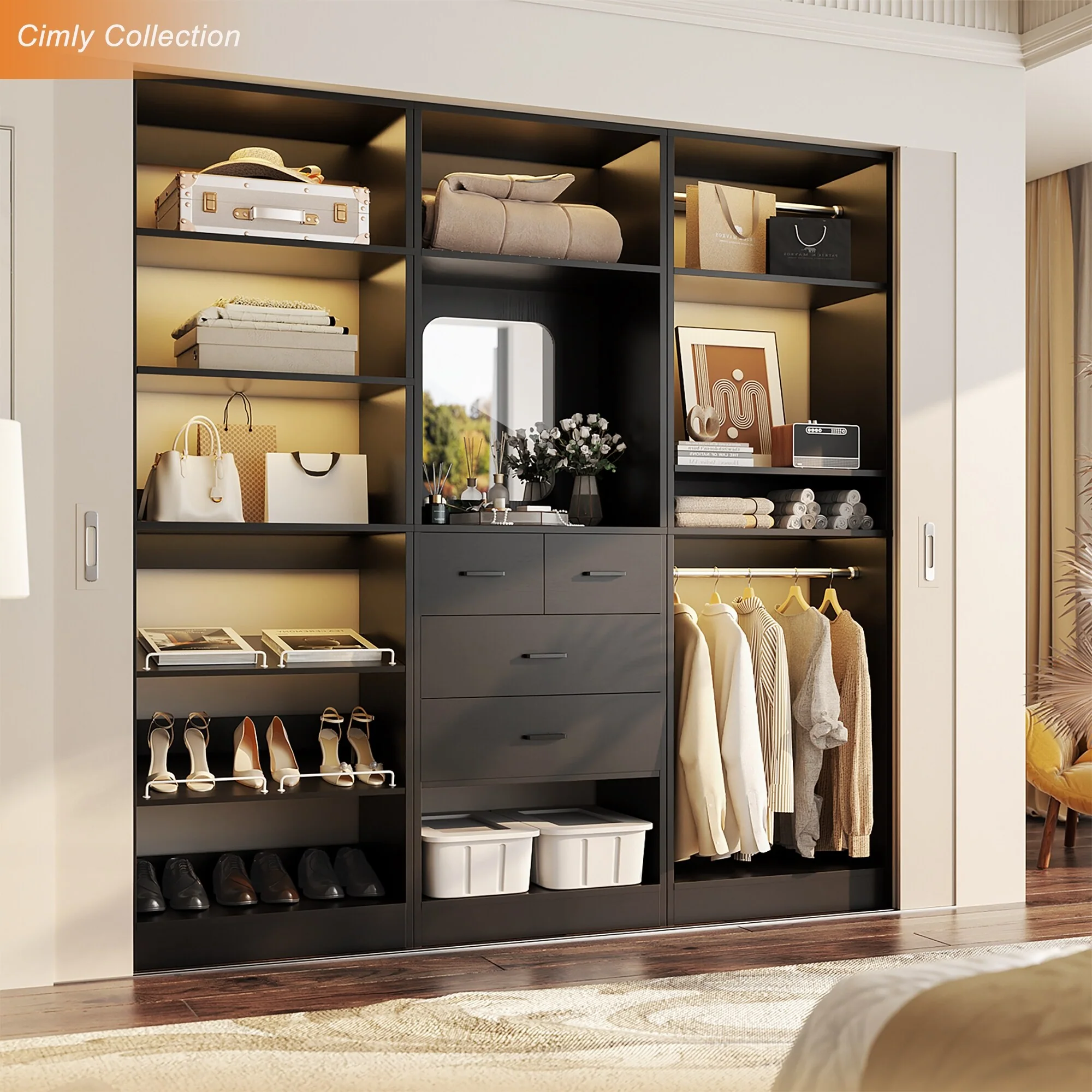 Cimly Set of 3 Freestanding Closet System with Drawers and Shoe Racks, 75'' Closet Organizer with Hanging Rods and Mirror
