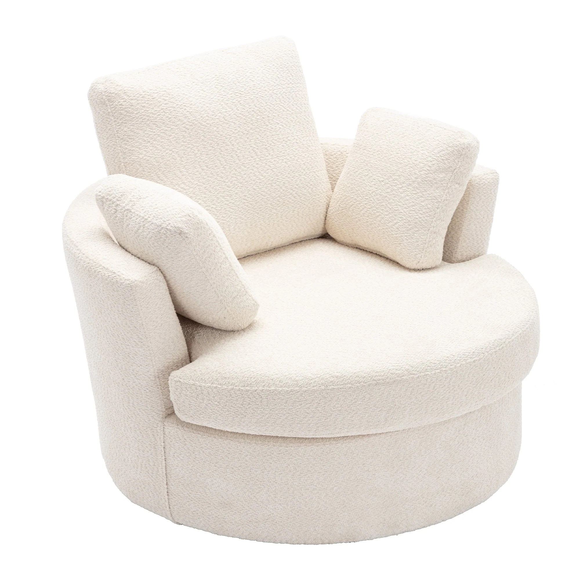 Upholstered Swivel Barrel Chair with 3 Pillows and Curved Backrest