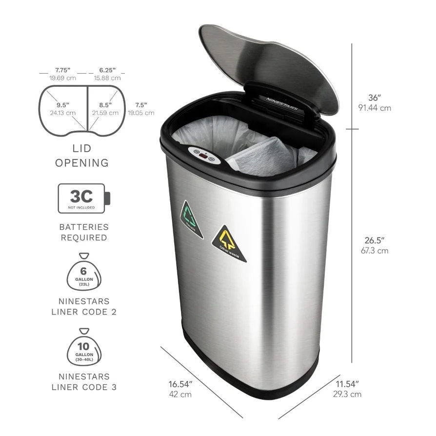NINESTARS Stainless Steel Dual Compartment Motion Sensor Trash Can 13.2 Gallon DZT-50-13R