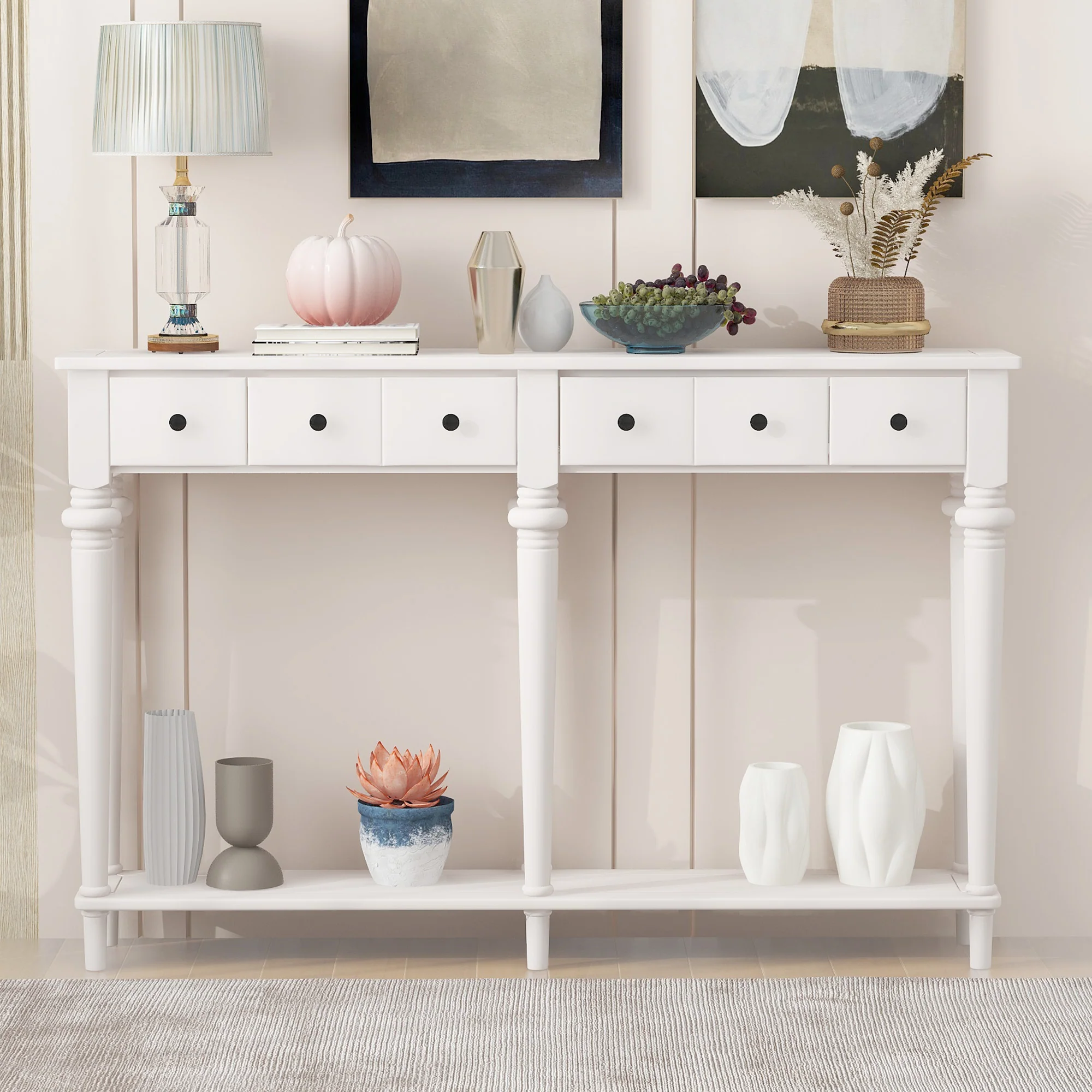 Console Table with 4 Drawers and Open Shelf