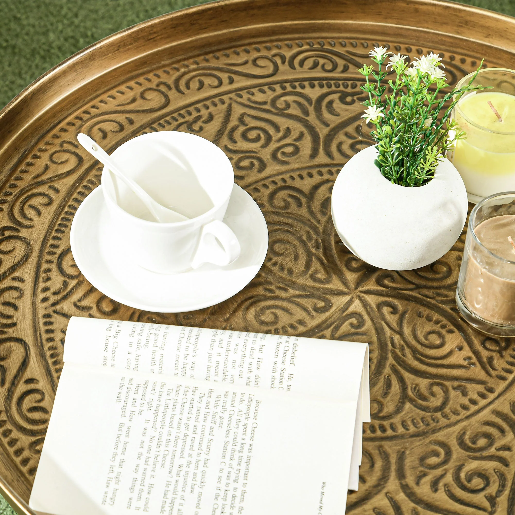 Round Coffee Table with Hammered Tray Top and X-Shaped Metal Base