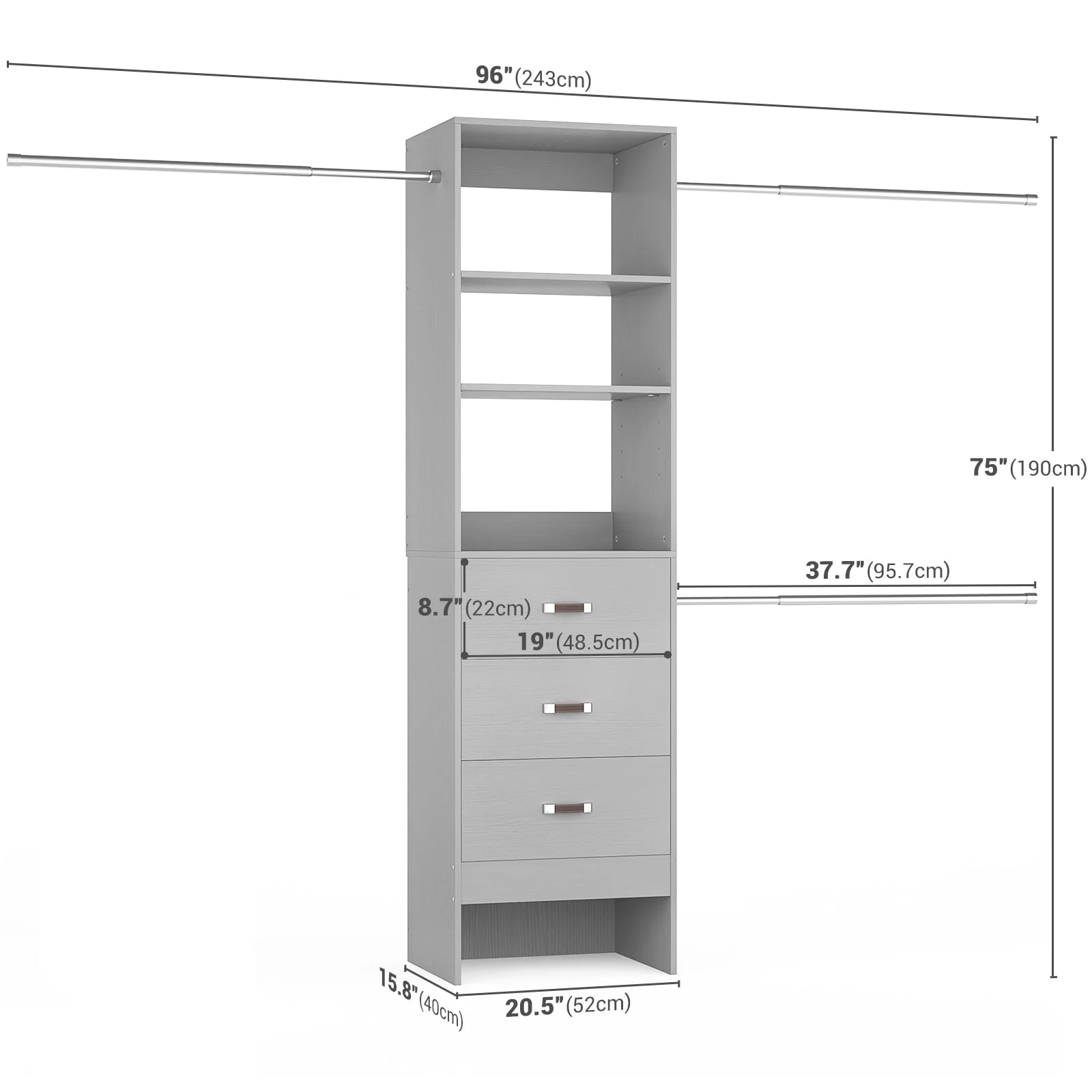 20.5-96'' W Closet Organizer System with Extendable Hanging Rods and Drawers and Tower Shelves