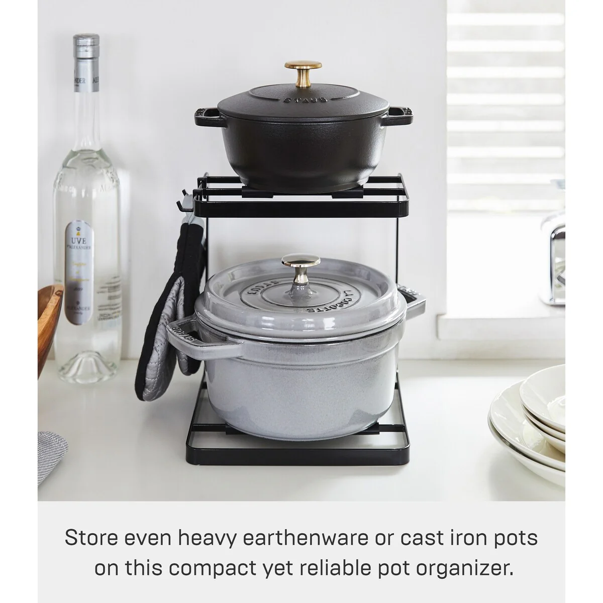 Yamazaki Home Two-Tier Pot Rack, Steel - L 8.27 x W 8.07 x H 8.86 inches