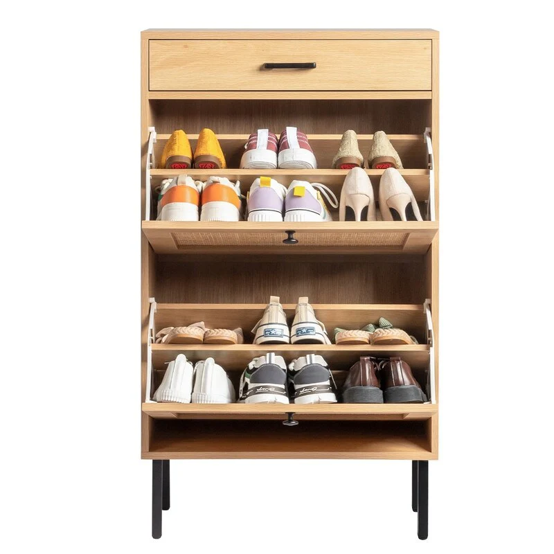Real Rattan Shoe Cabinet with 2 Flip Drawers & 1 Small Drawer