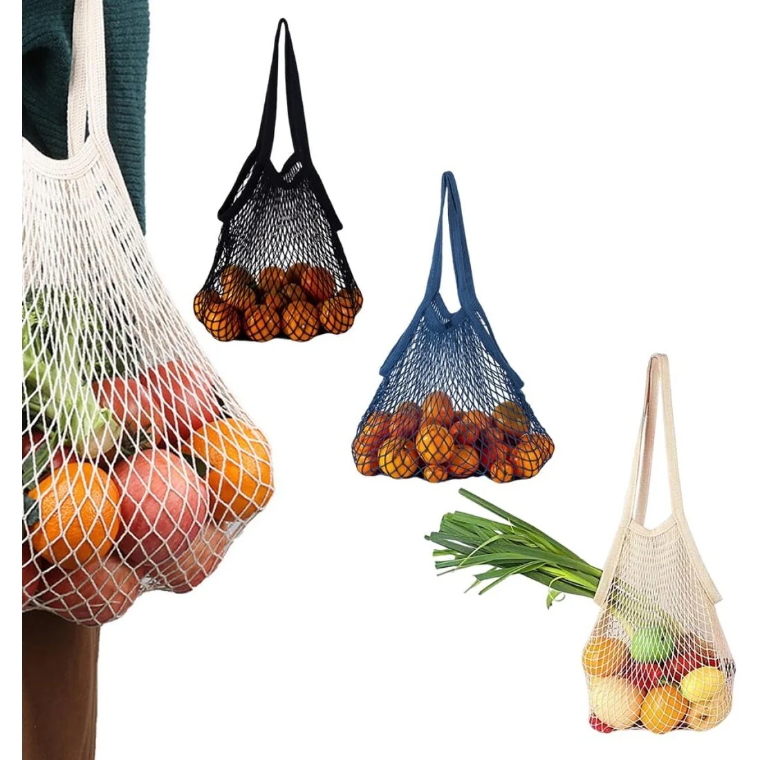 3x Reusable Cotton Mesh Grocery Shopping Bags - Washable