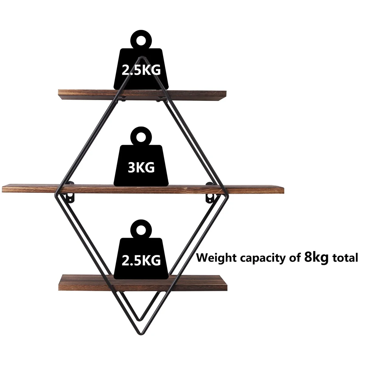 3Tier Metal Wall Shelves in Geometric Diamond for Home Display Storage