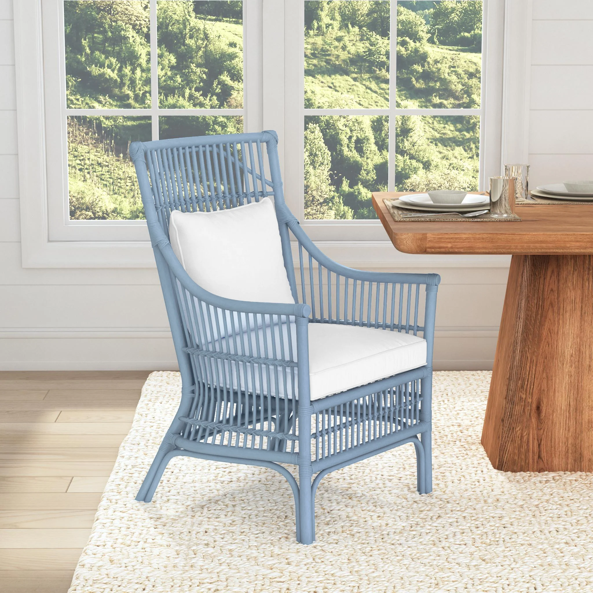 Rattan Slat Back Dining Arm Chair Light Blue
