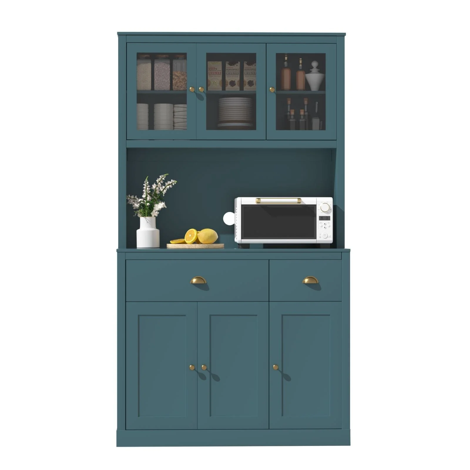 VEIKOUS Kitchen Pantry Storage Cabinet Cupboard with Framed Glass Door and Drawer