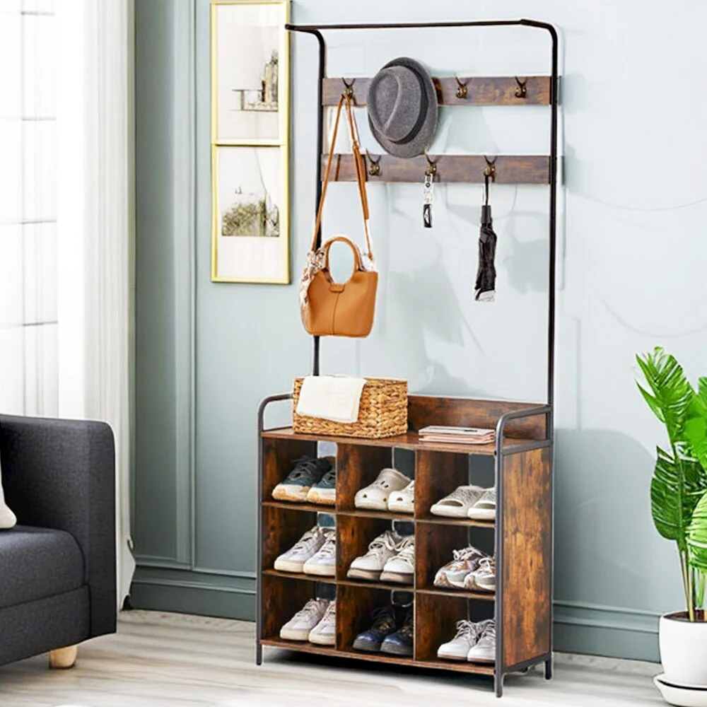 3-in-1 Entryway Coat Rack, Hall Tree with Shoe Rack, 7 Hooks - 11.5