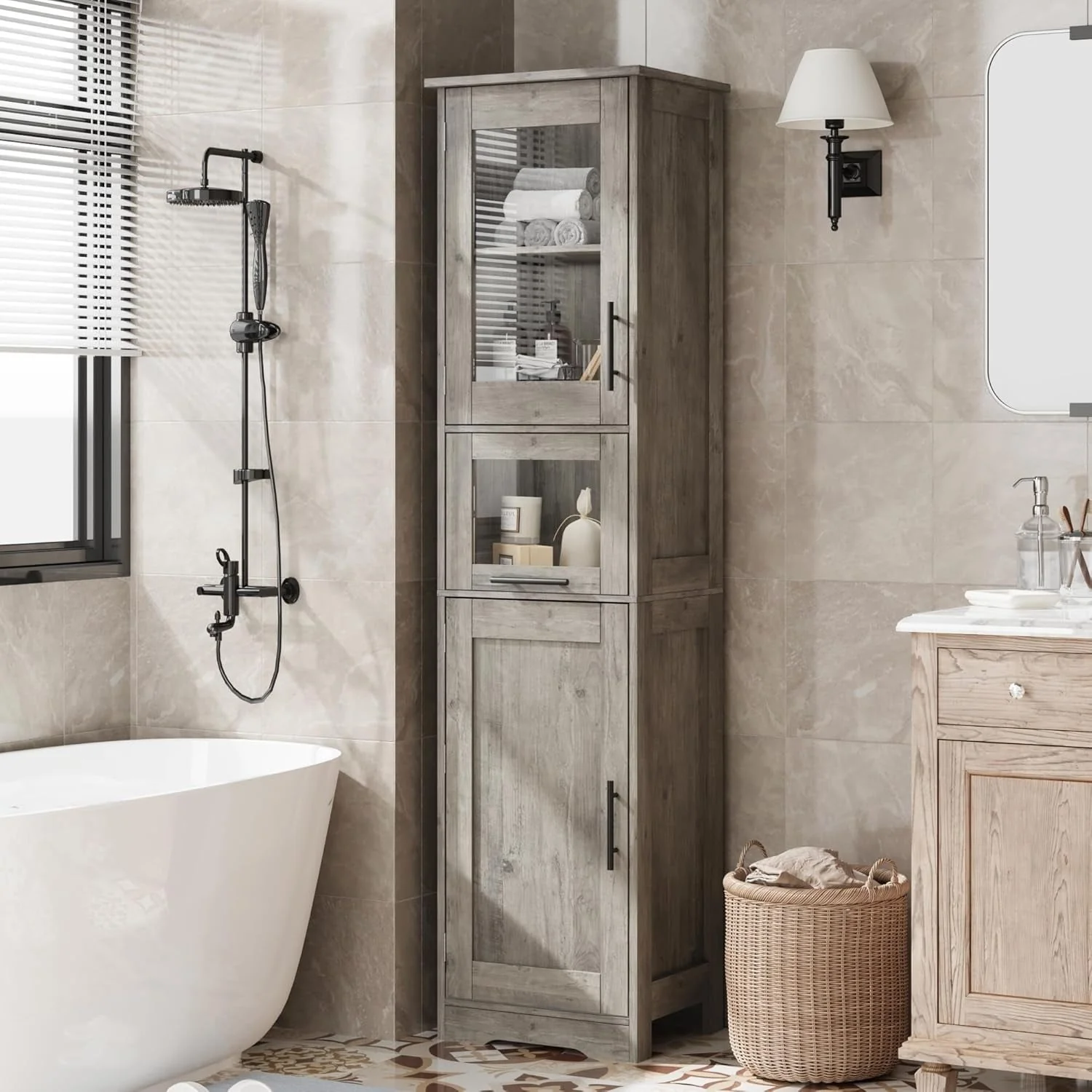 Tall Bathroom Cabinet, Linen Storage Cabinet with Doors and Adjustable Shelves and Drawer