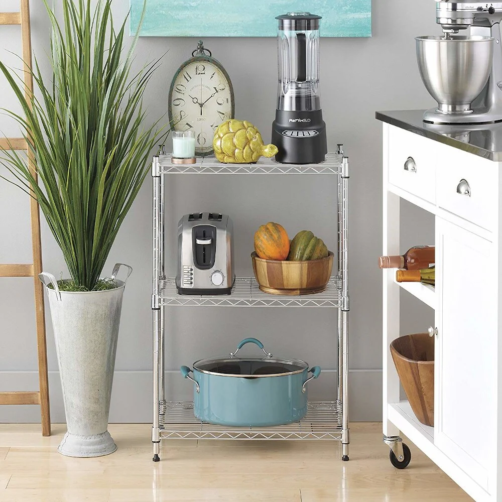 Concise Carbon Steel/ PP 3-Shelf Home Kitchen Shelving Unit