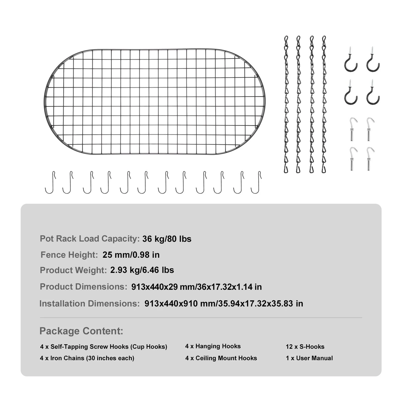 Black Carbon Steel Ceiling Mounted Hanging Pot Rack with S Shaped Hooks Ideal for Home or Restaurant