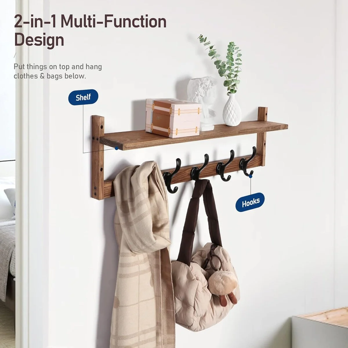 29'' Coat Rack Wall Mount with Shelf, Wood Wall Hooks with Storage