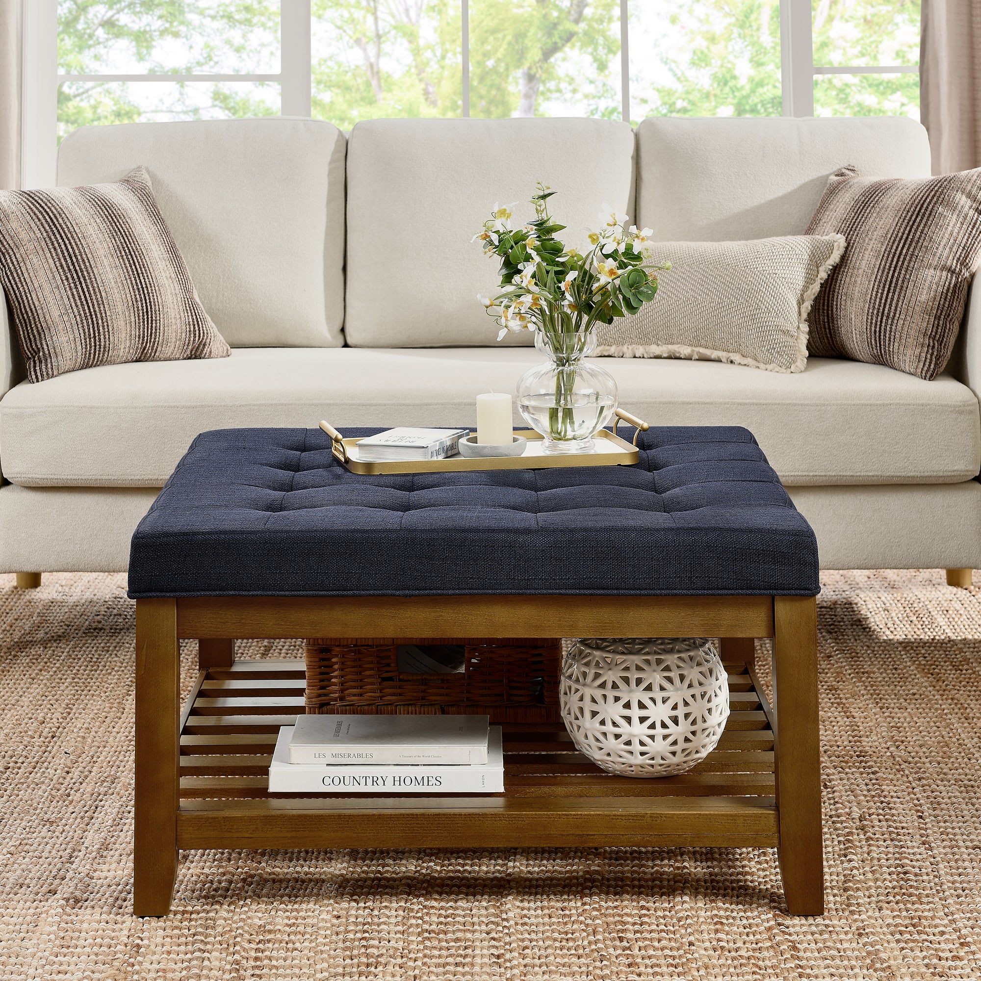 Upholstered Square Coffee Table with Shelf and Tufted Top