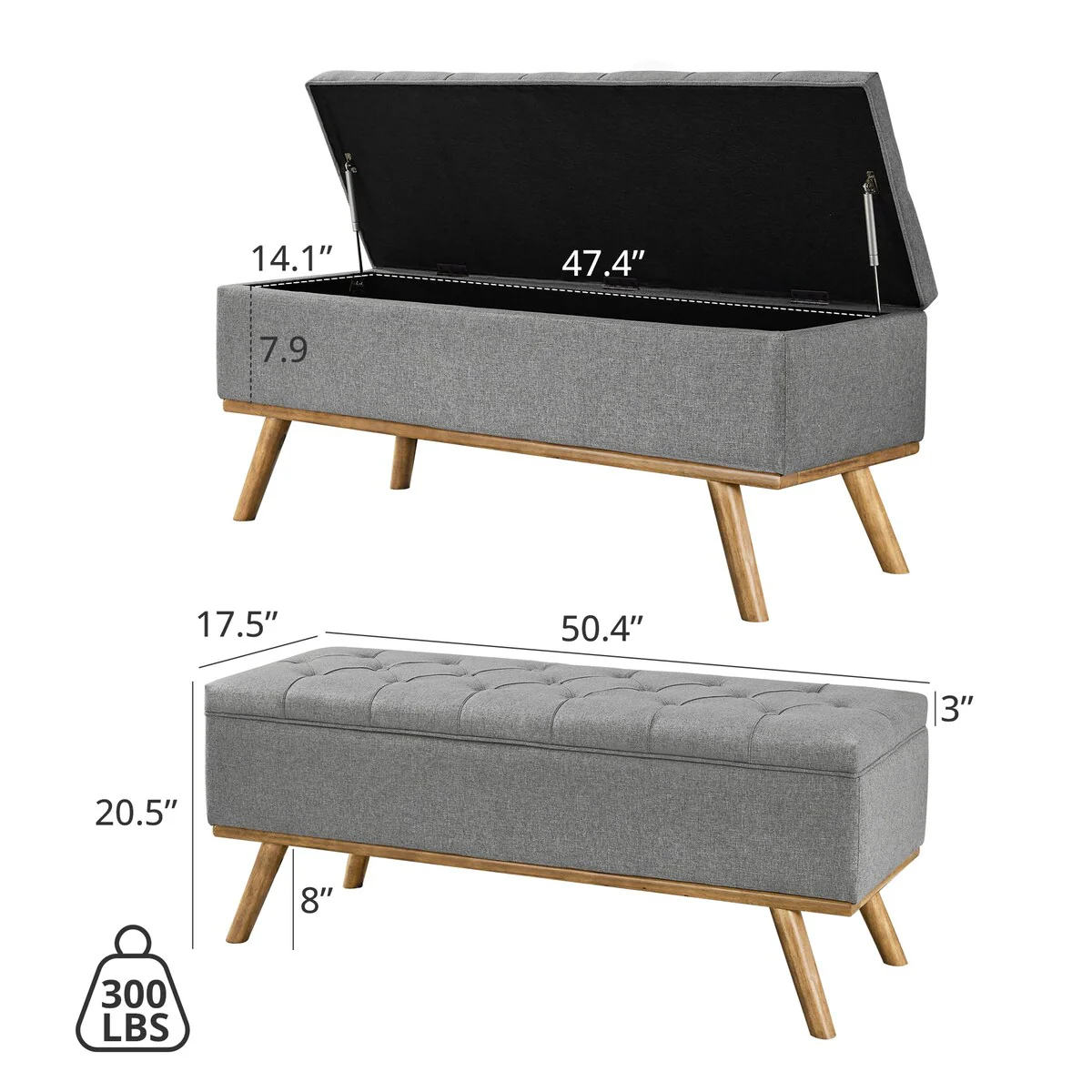 LUE BONA Modern Upholstered Storage Ottoman Button Tufted Storage Bench with Linen Seat End of Bed - 17.5 D X 50.4 W X 20.5 H