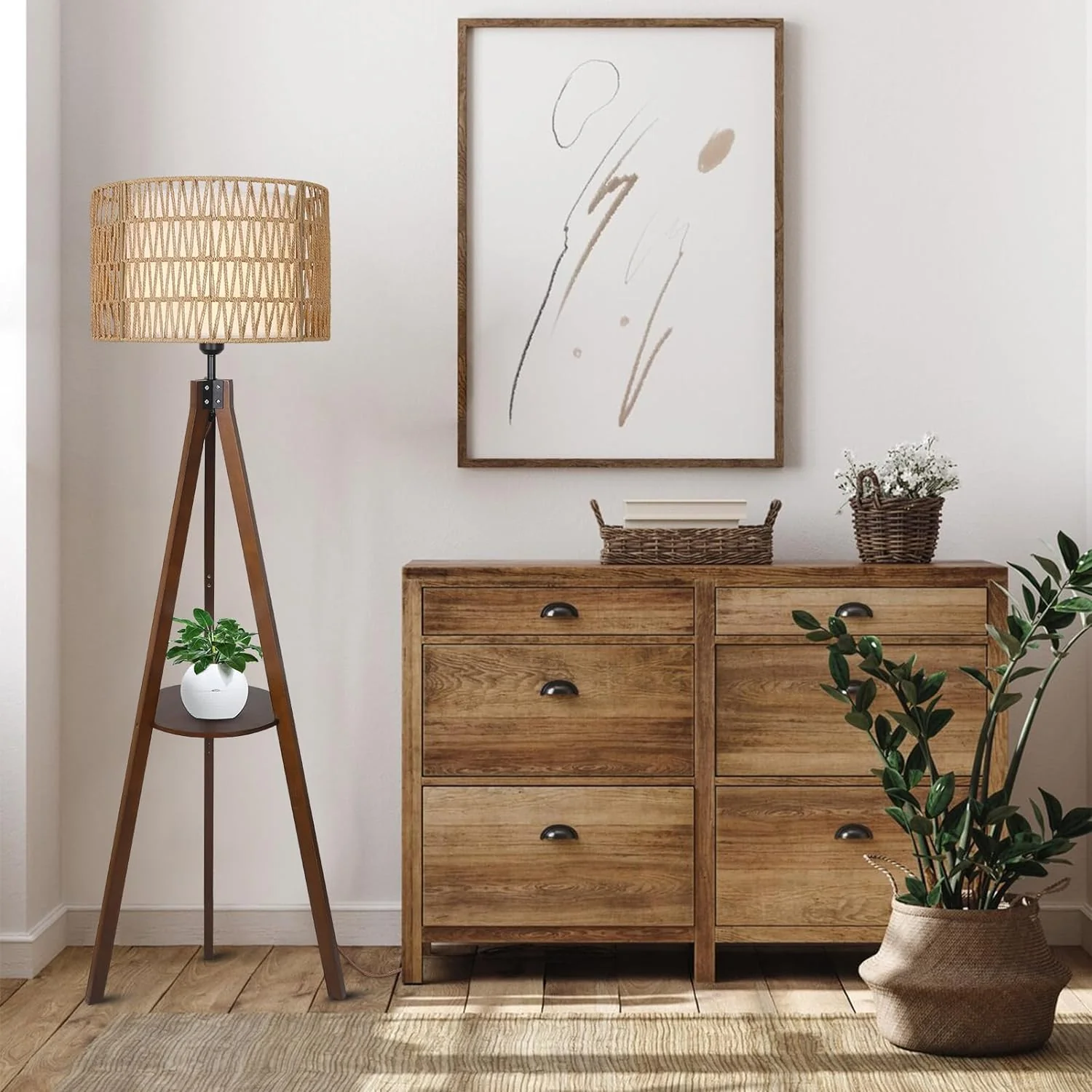 Tripod Floor Lamp with Shelf and Rattan Shades