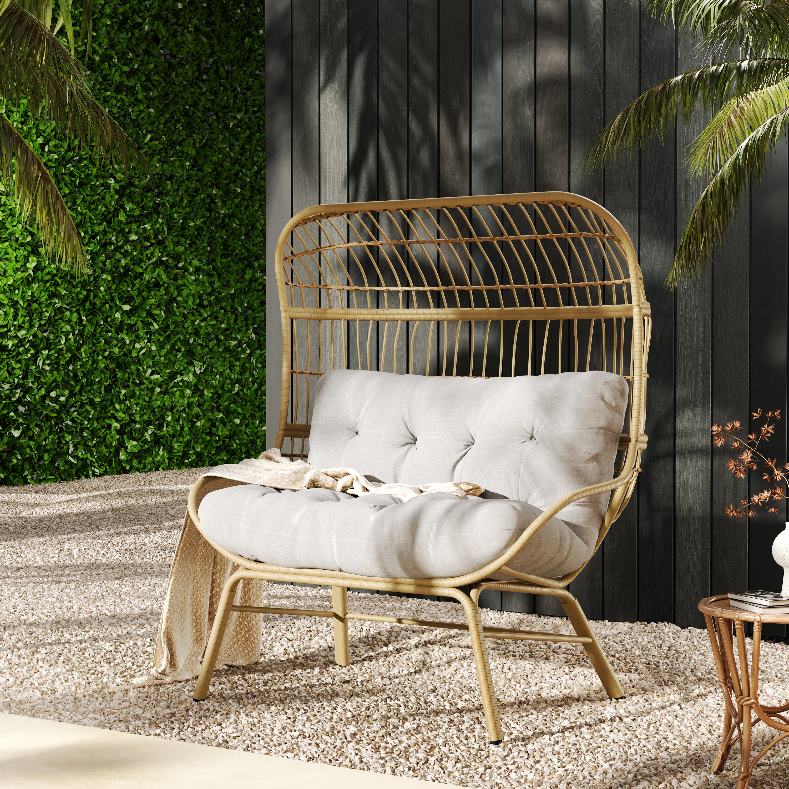 Outdoor Wicker Loveseat with Iron Frame and Seat Cushion