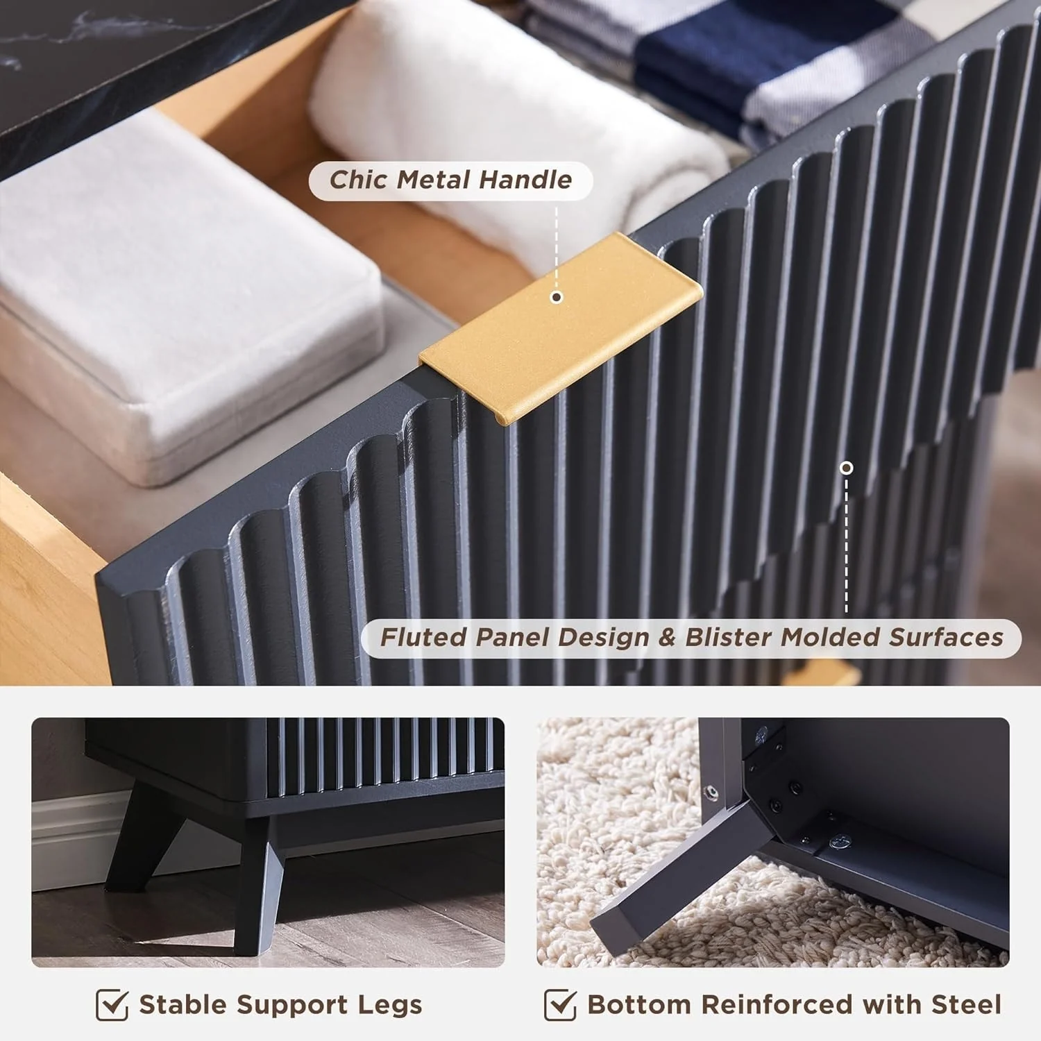 Modern Fluted 5 Drawers Dresser, Chest of Drawers, Dresser TV Stand