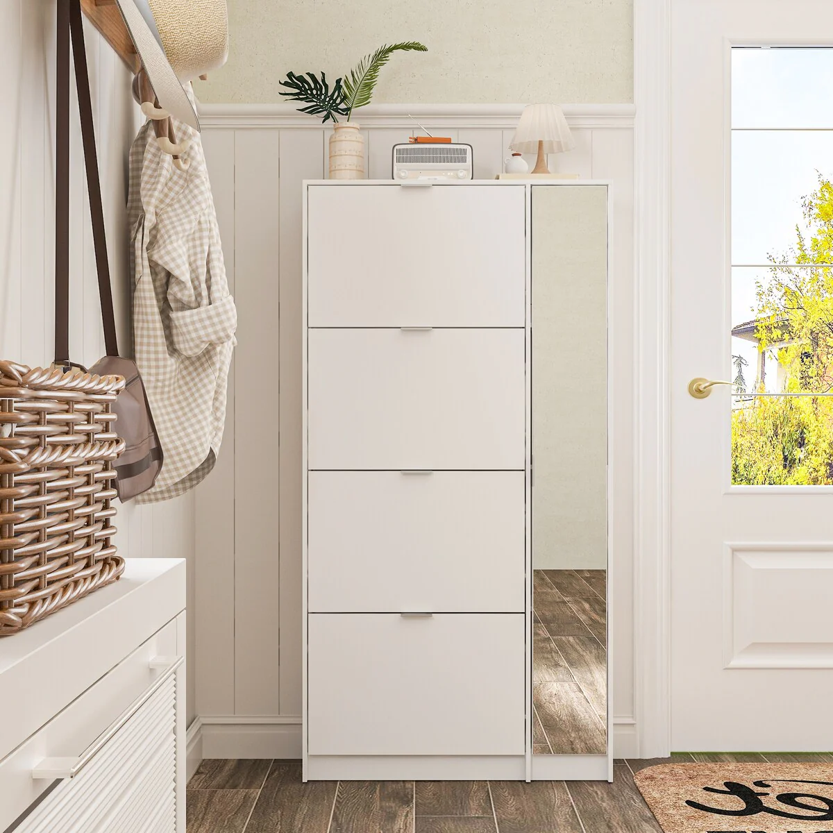 Shoe Organizer w/Mirror Elegant Space Enhancer Entryways Shoe Cabinet