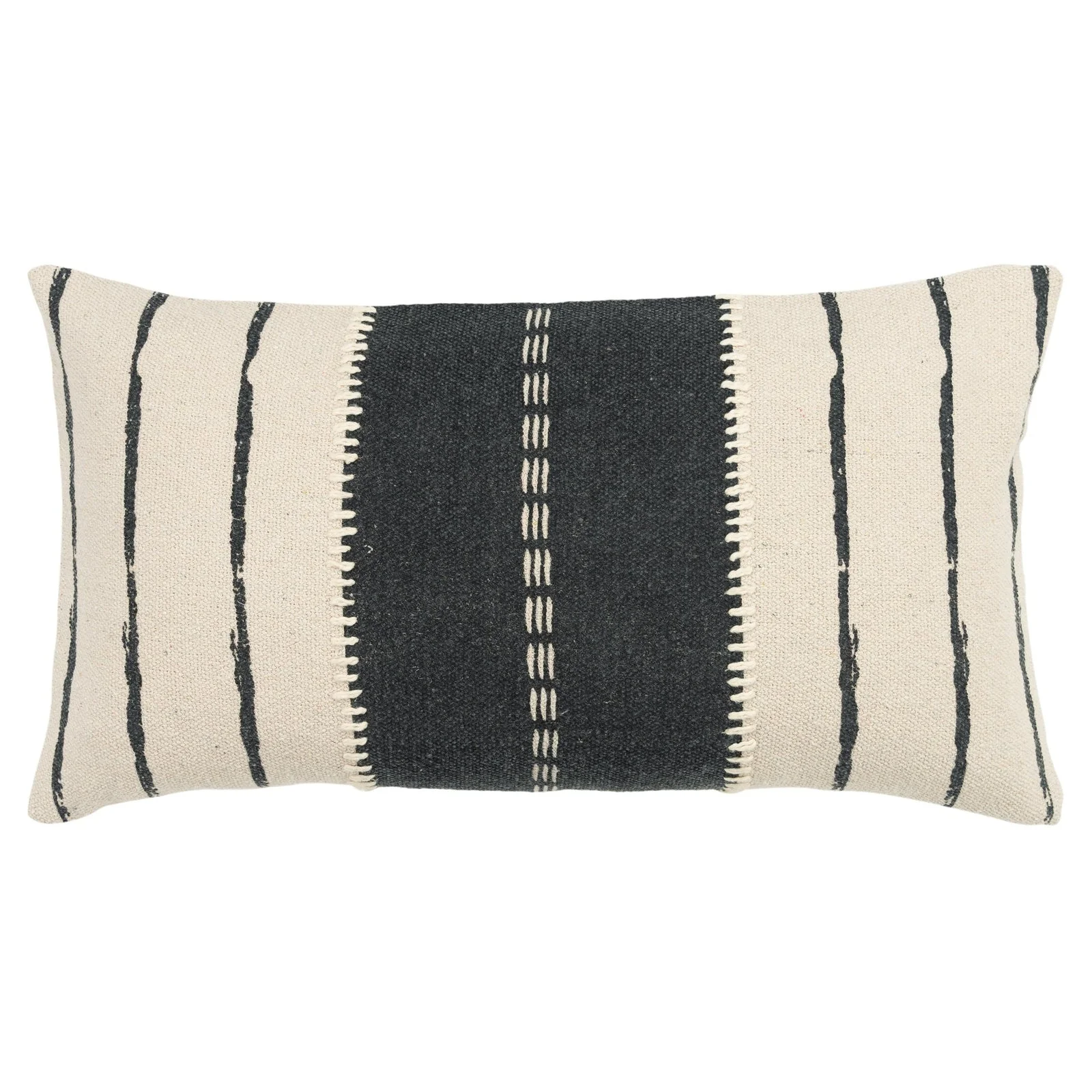 Knife Edge Print And Applied Embellishment Cotton Canvas Stripe Decorative Throw Pillow