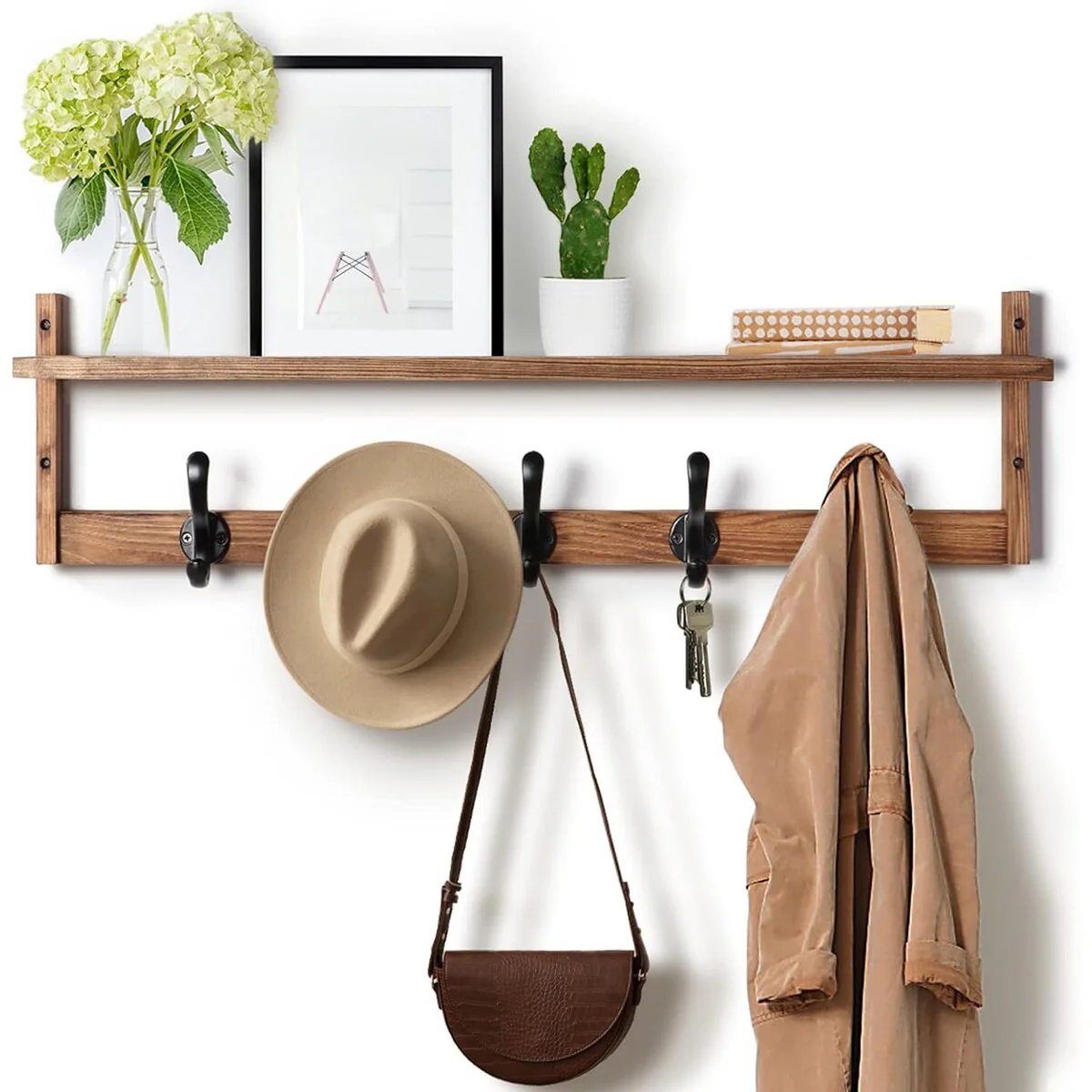 29'' Coat Rack Wall Mount with Shelf, Wood Wall Hooks with Storage