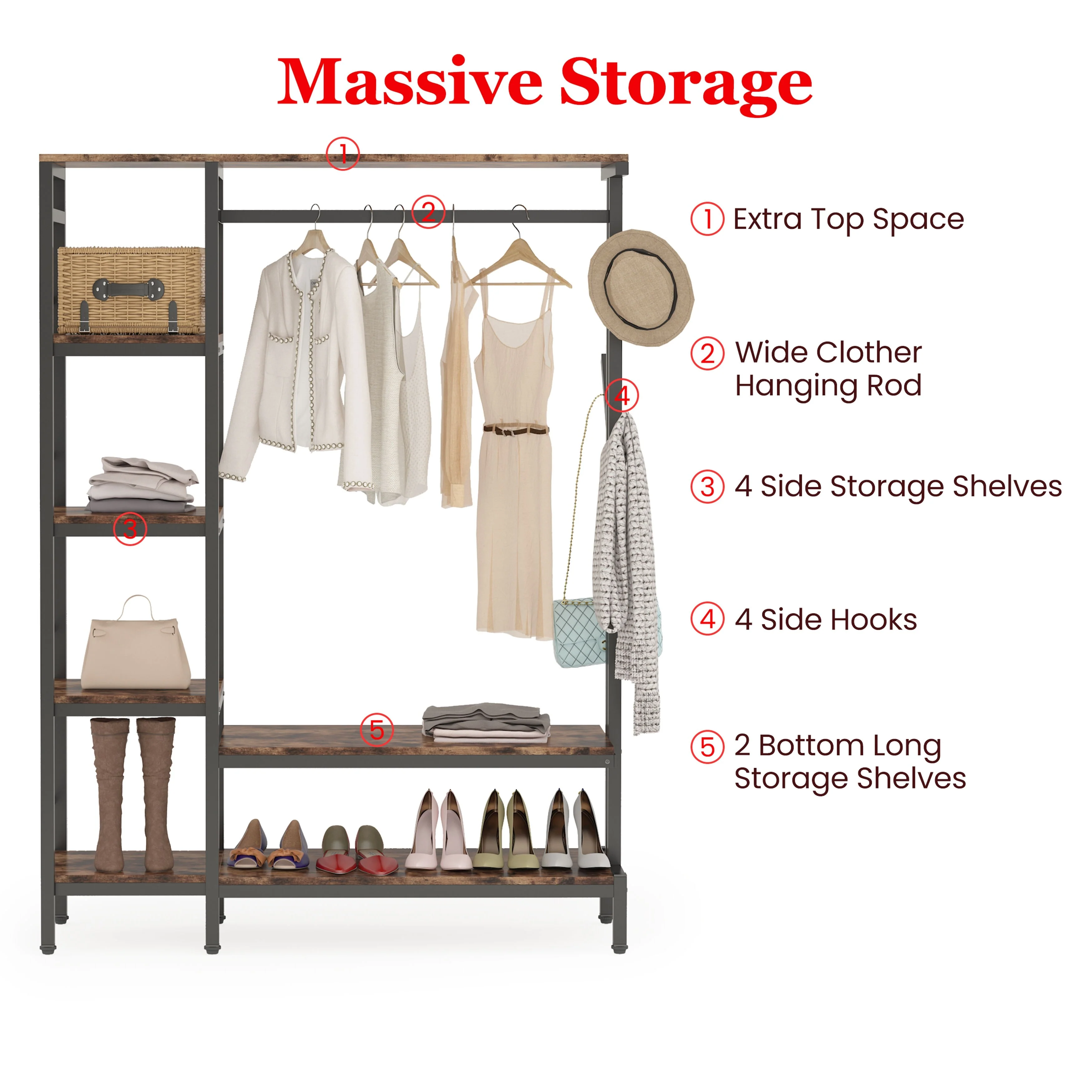 Free-standing Closet Organizer with Hooks, Garment Rack, Coat Rack with Shoe Bench