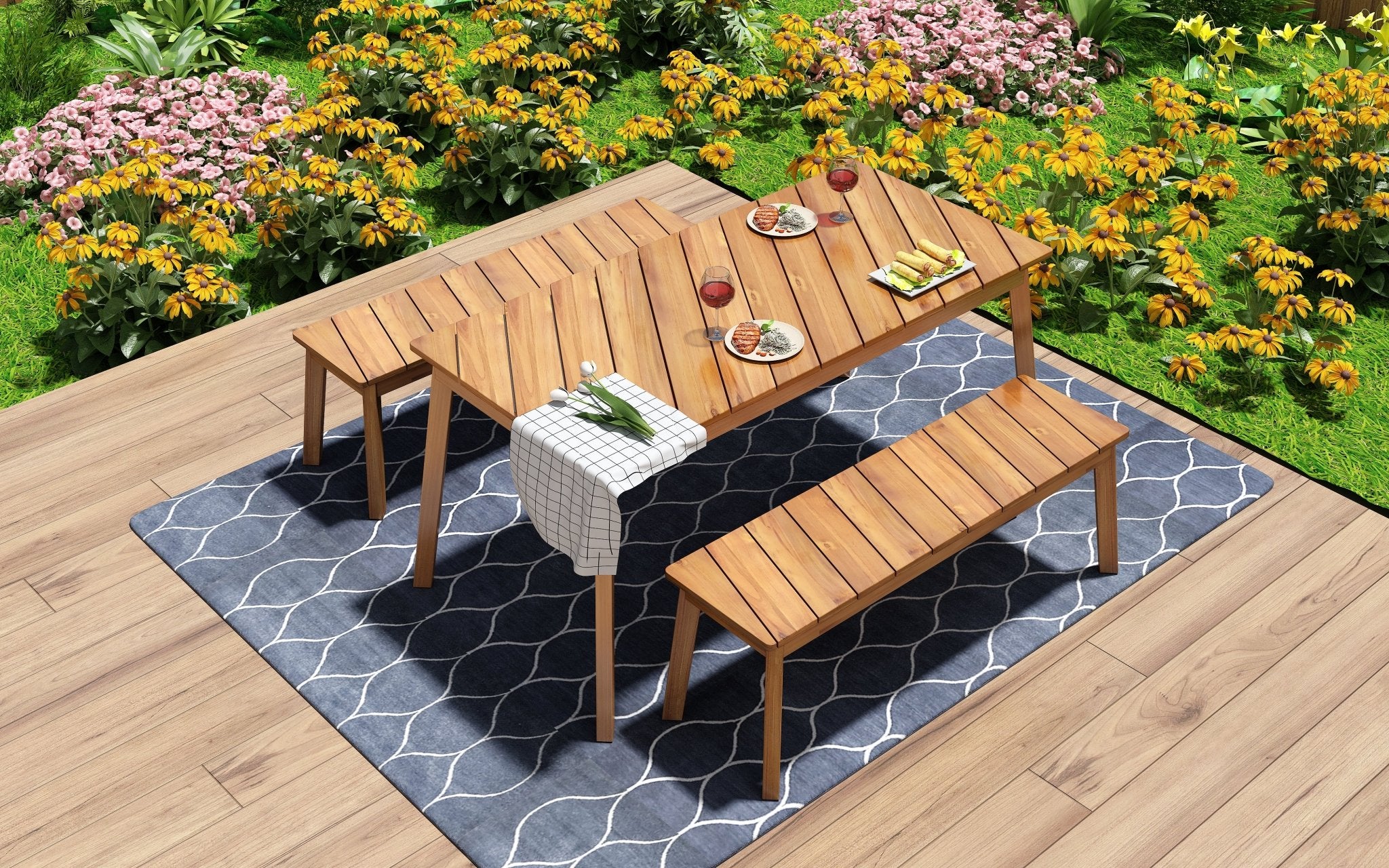 3-Piece Acacia Wood Dining Set with Dining Table and Bench