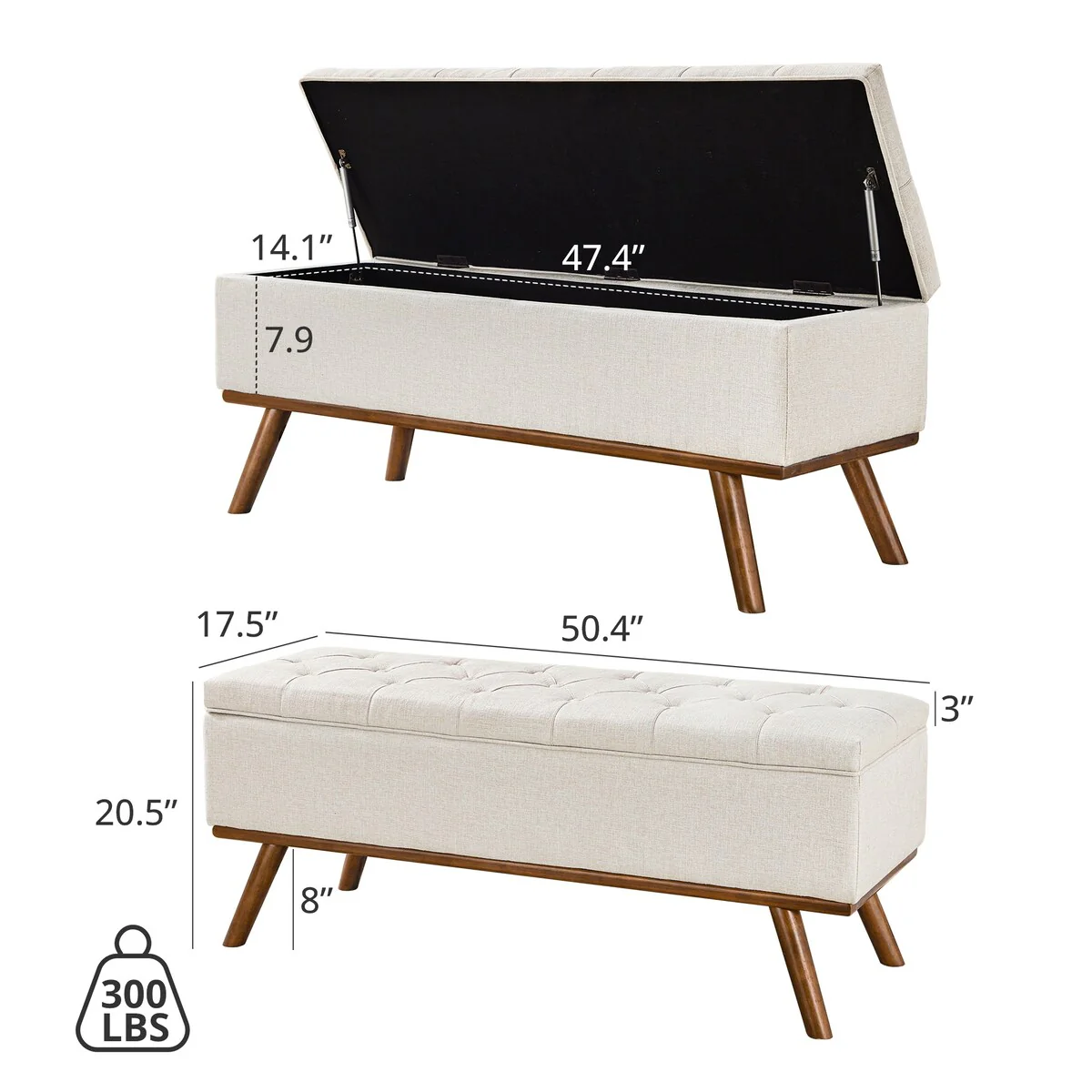 LUE BONA Modern Upholstered Storage Ottoman Button Tufted Storage Bench with Linen Seat End of Bed - 17.5 D X 50.4 W X 20.5 H