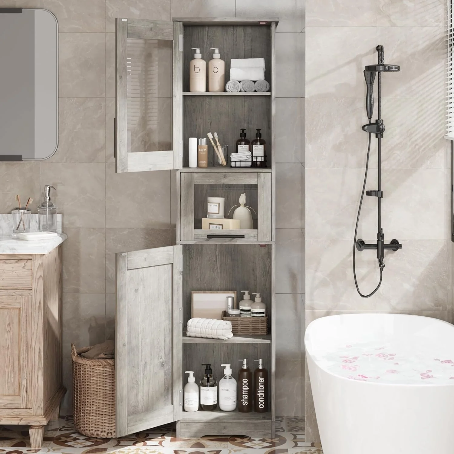 Tall Bathroom Cabinet, Linen Storage Cabinet with Doors and Adjustable Shelves and Drawer