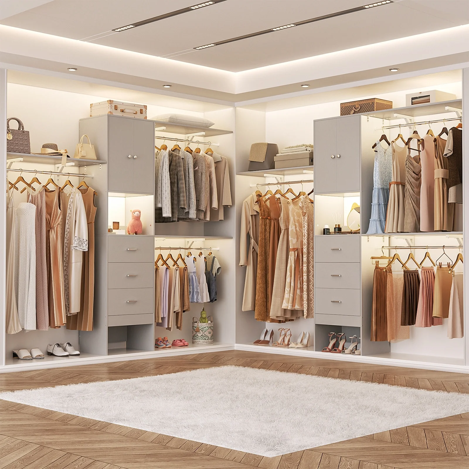 20''-96'' Wide Wooden Closet Organizer With Doors, Adjustable Closet System with Drawers and Hanging Rods