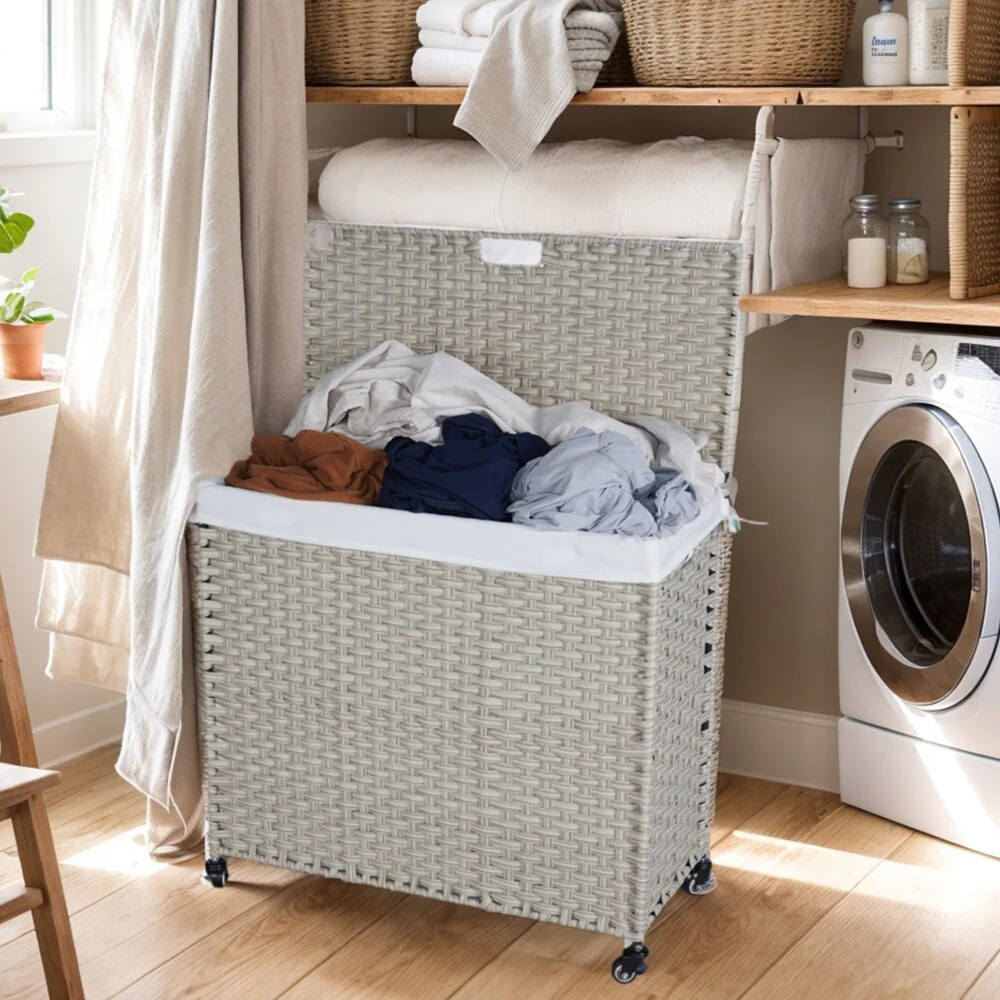 Laundry Hamper with Wheels, 160L Rattan Hampers & 2 Removable Liner Bags, Laundry Basket with Lid - 27