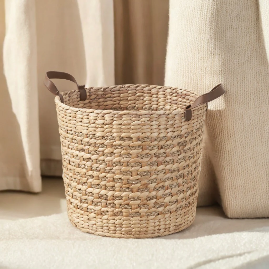 Maria Water Hyacinth Woven Round Brown Storage Basket