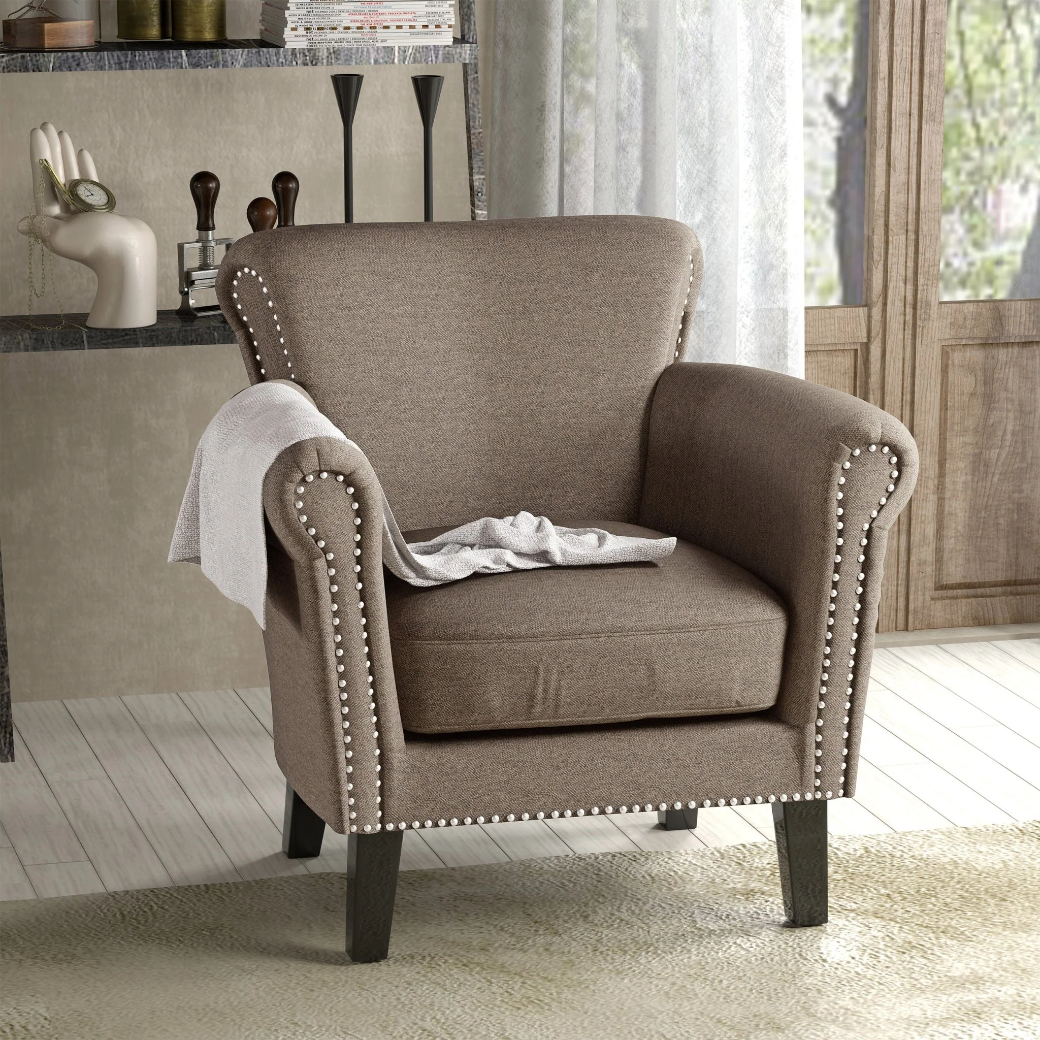 Upholstered Club Chair with Curved Design, Nailhead Trim and Rolled Armrests
