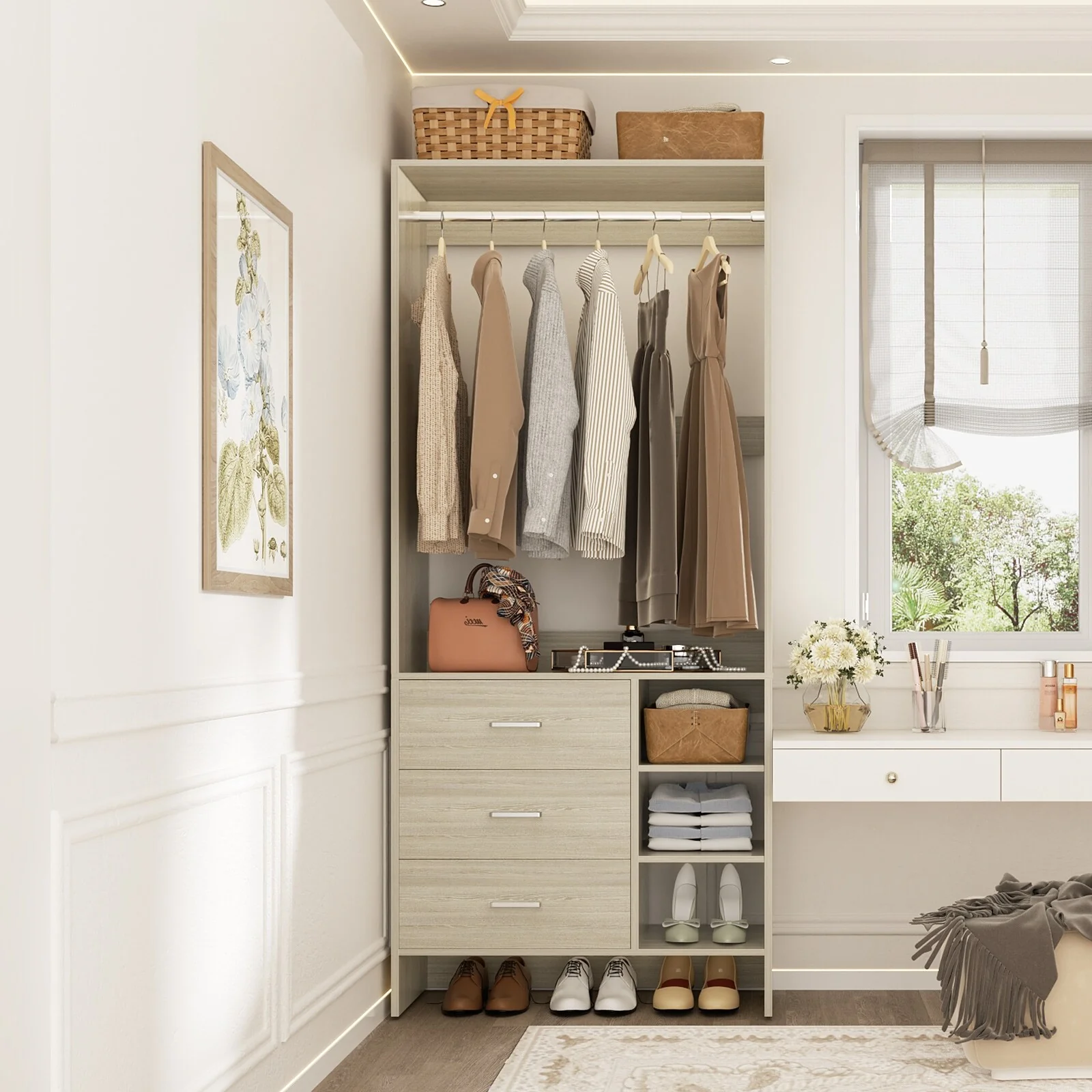 Cimly 30'' W Freestanding Closet Sytem with Hanging Rod, Closet Organizer with Drawers and Shelves