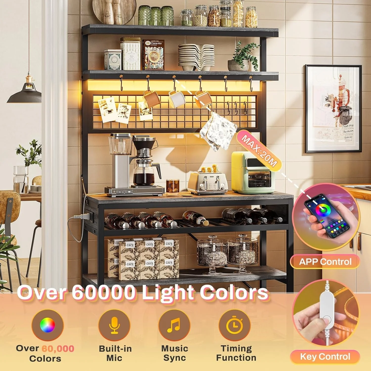 Bakers Rack with Power Outlet 6-Tier Coffee Bar Microwave Stand