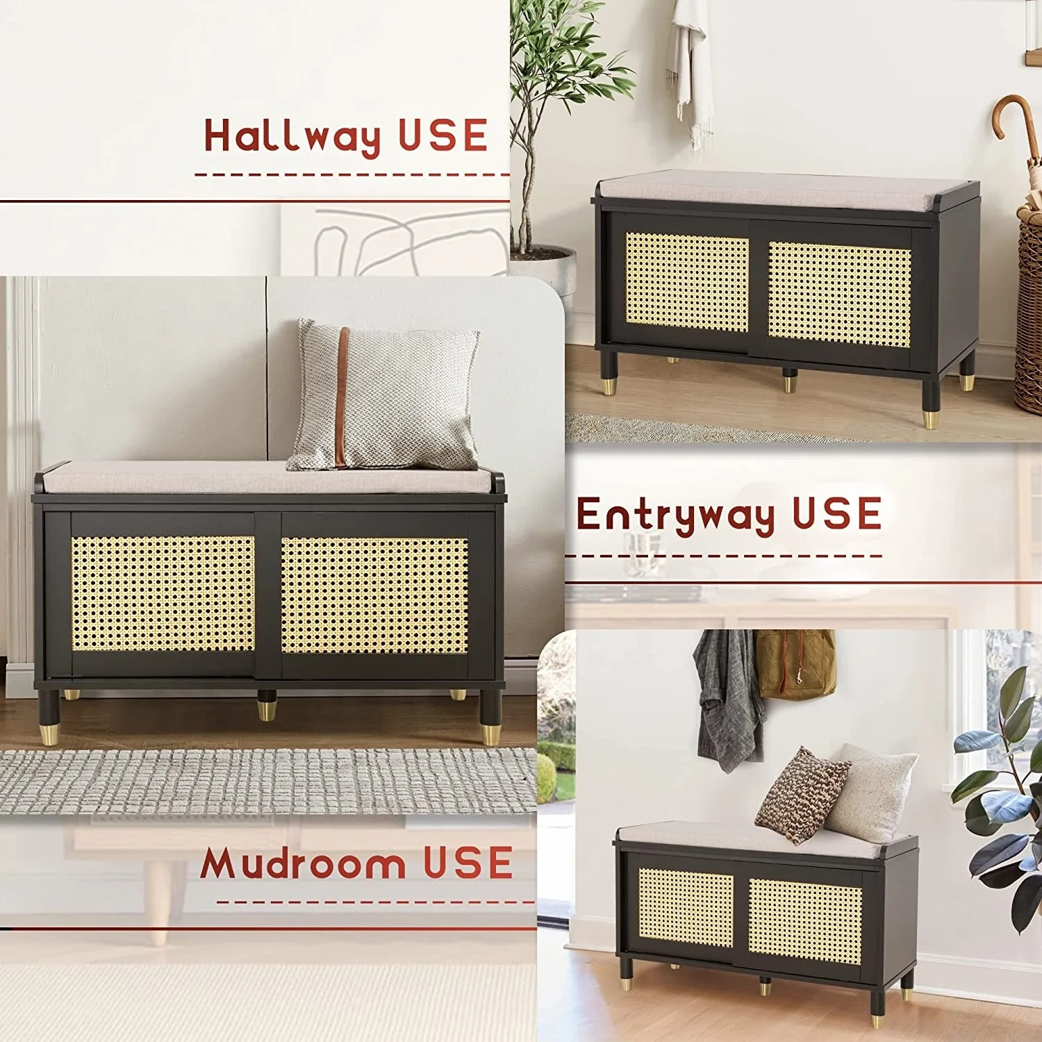 Shoe Storage Bench Cabinet Rattan Style Shoe Cabinet for Entryway