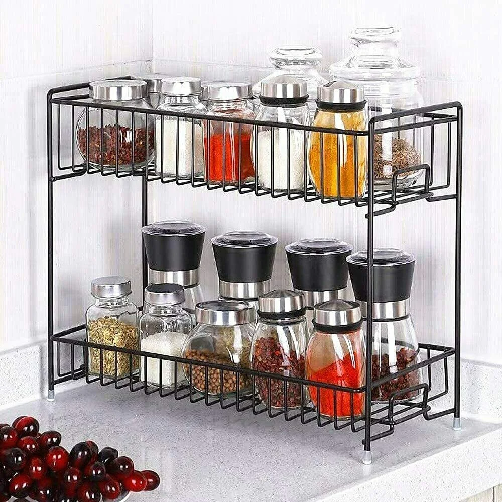 Spice Rack 2 Tier Kitchen Countertop Organizer for Jars Bottles, Black