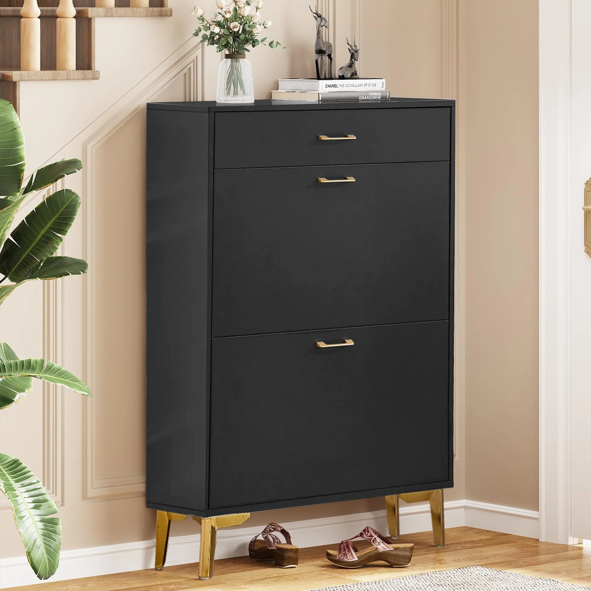 Freestanding Shoe Cabinet for Entryway, with 2 Flip Doors and Drawer - 32'W x 10''D x 43''H
