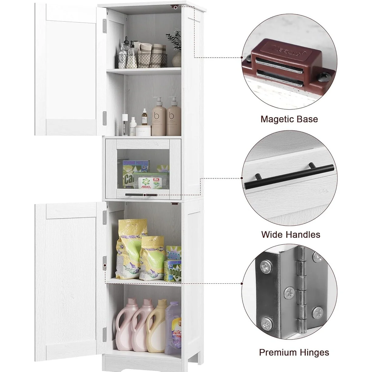 Tall Bathroom Cabinet, Linen Storage Cabinet with Doors and Adjustable Shelves and Drawer