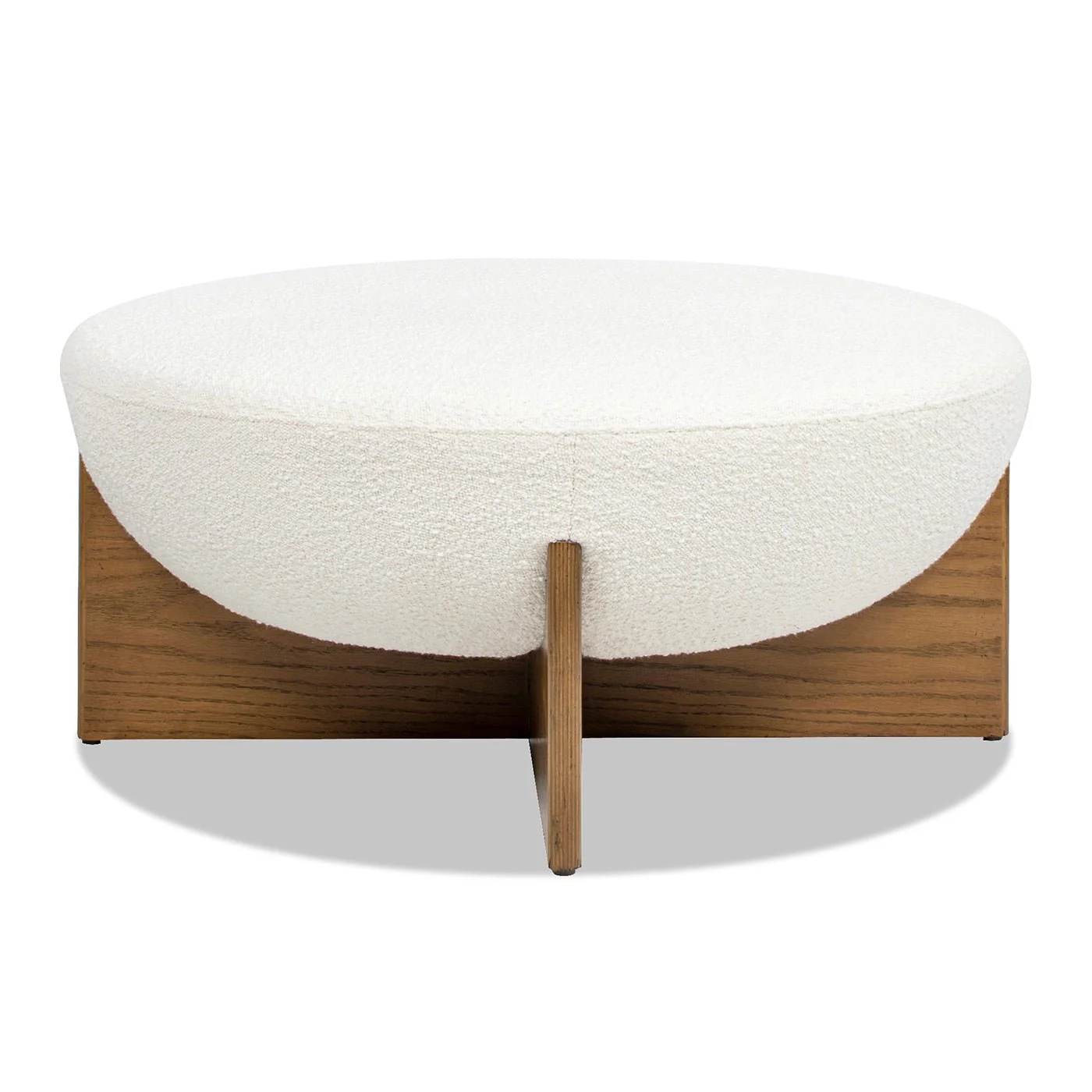 Aviation Round Upholstered Cocktail Ottoman with Natural Wood Base