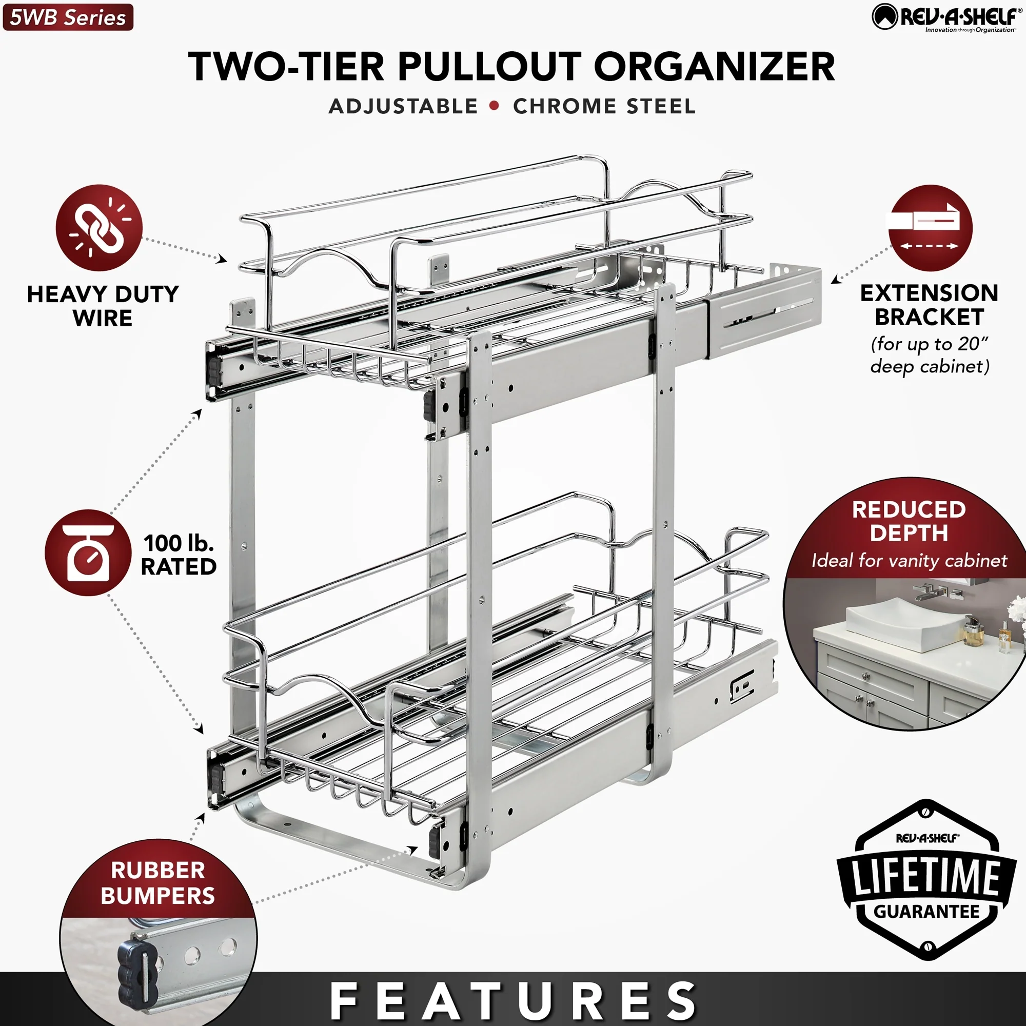 Rev-A-Shelf Kitchen Cabinet Pullout Shelf Organizer, 24 x 22 In, 5WB2-2422-CR-1