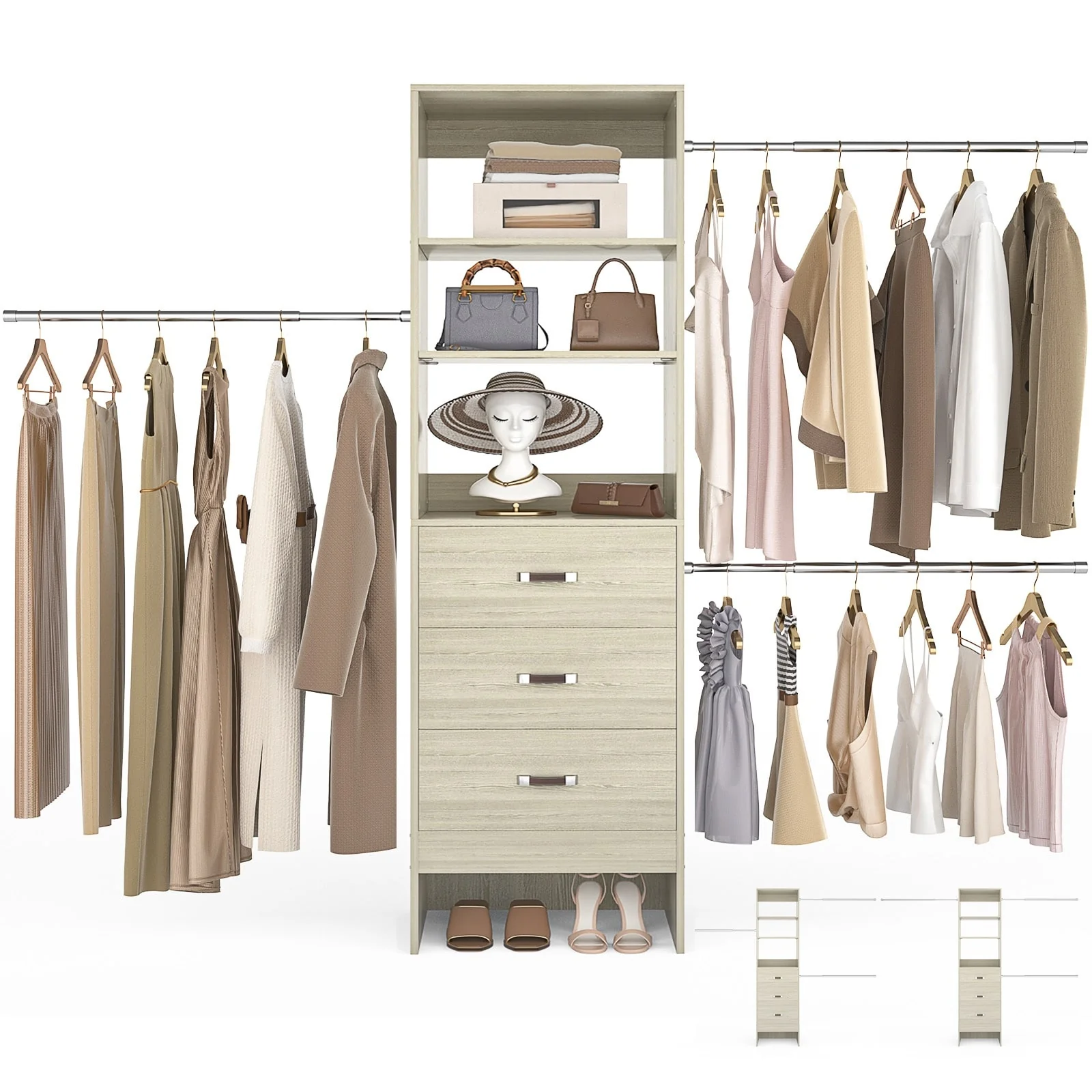 20.5-96'' W Closet Organizer System with Extendable Hanging Rods and Drawers and Tower Shelves