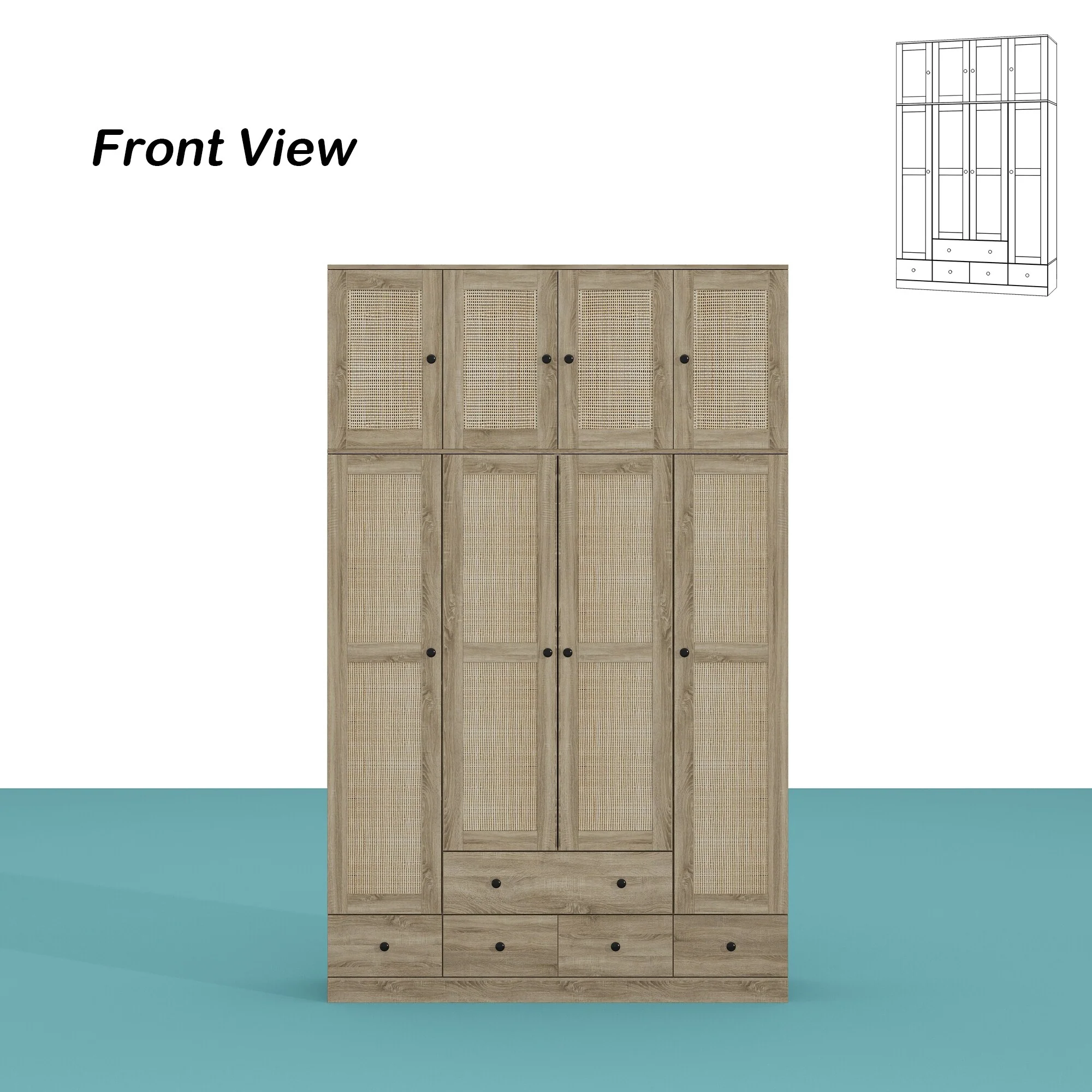 Large Storage Wardrobe Versatile Rattan Door Closet with Deep Drawers