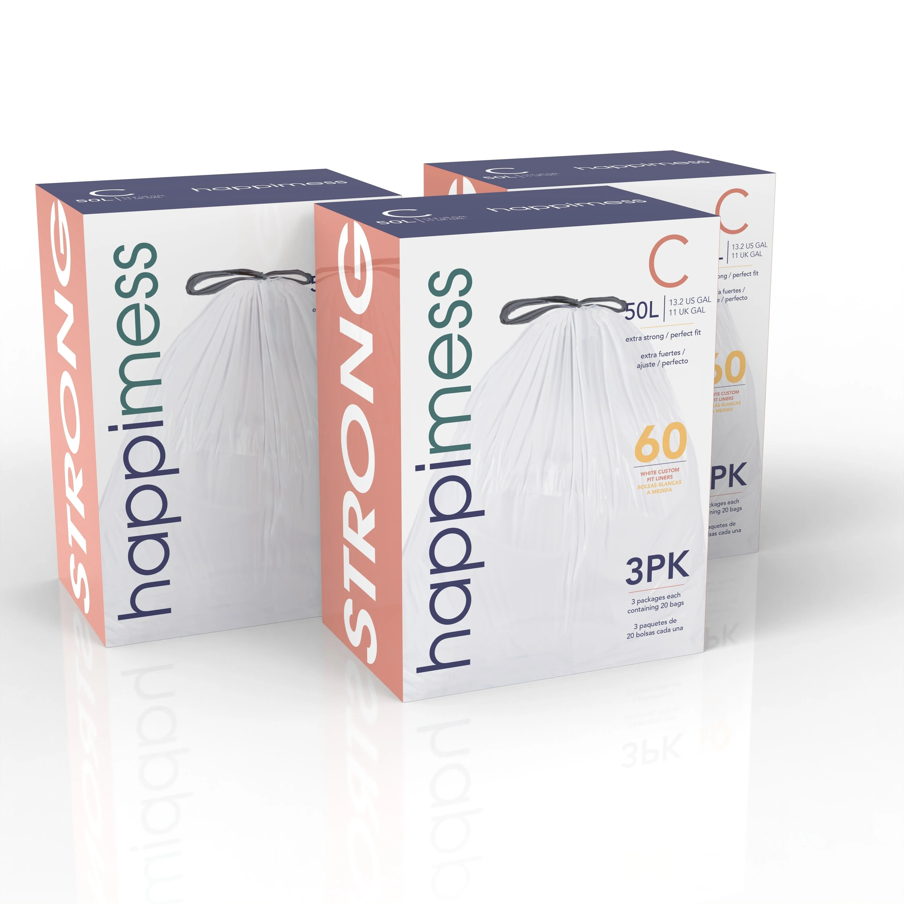 happimess 13.2 Gallon Drawstring Trash Can Liner, White (60-Count, 3-Packs of 20 Liners)