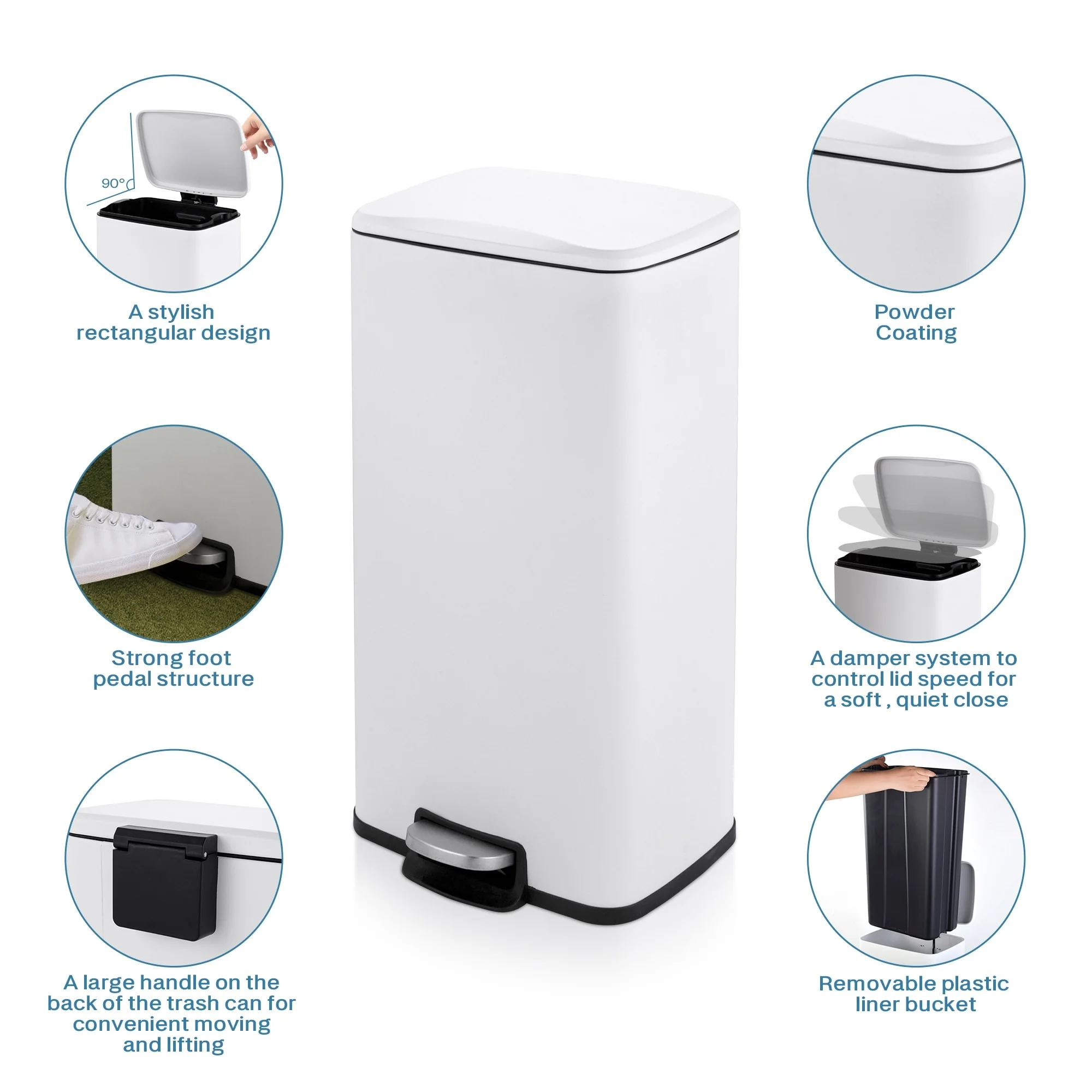 Innovaze 8 Gal./30 Liter Rectangular Matt White step-on Trash Can for kitchen