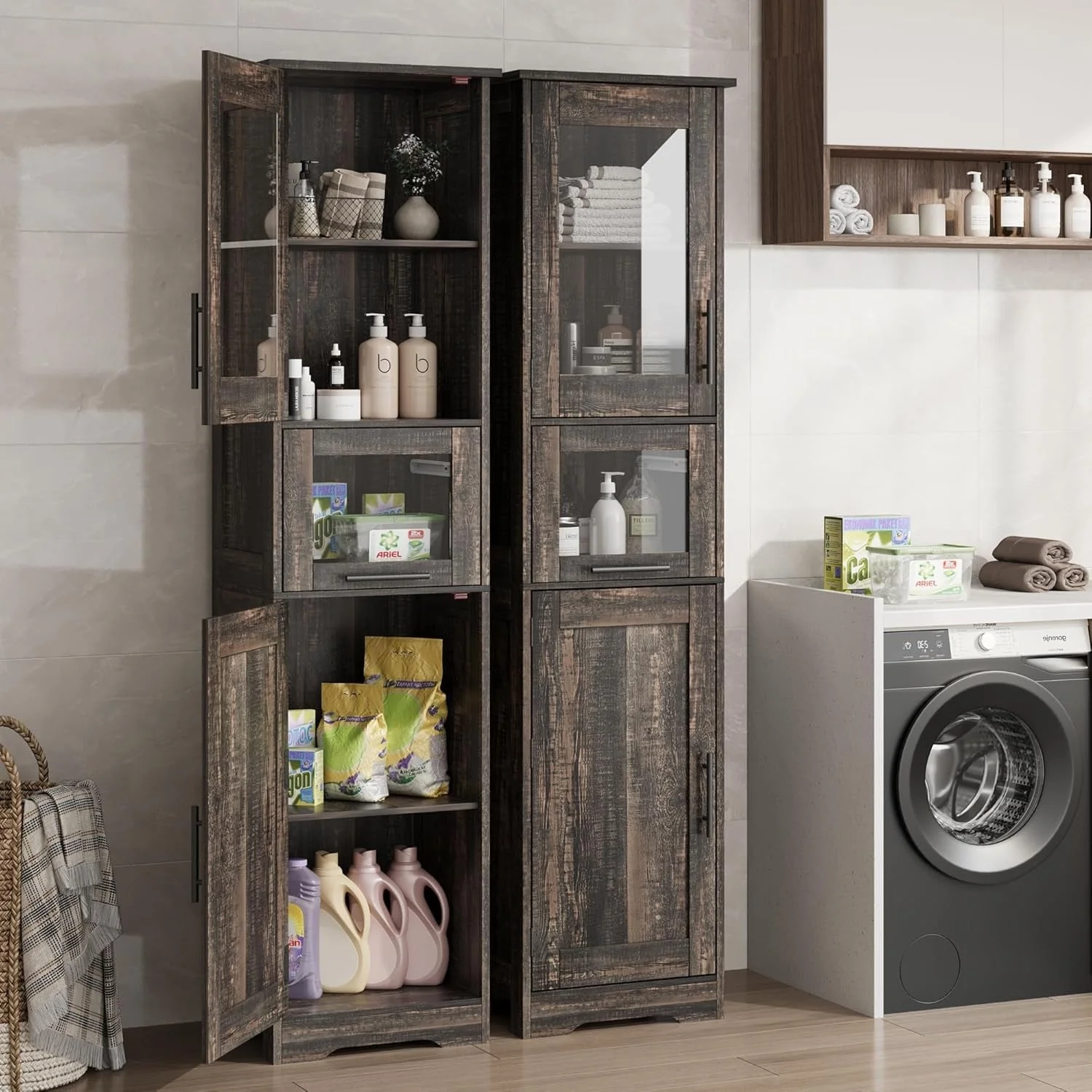 Tall Bathroom Cabinet, Linen Storage Cabinet with Doors and Adjustable Shelves and Drawer